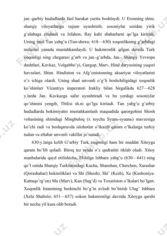 .da selenga daryosi havzasida istiqomat qiluvchi uyg’urlarga, 717 y.da o’g’uzlarga, 718 y.da qarluqlarga qarshi jang qilib, ularni xoqonlikka bo’ysundiradi. bu davrda xoqonlik hududlari sharqda sirdaryoning sharqidan to g’arbda xingan tog’lari yonbag’irlari (manjuriya), shanьdun o’lkasi (xitoyning shim. sharqi sariq dengizdagi boxay ko’rfazigacha bo’lgan yerlar)ni, janubda tibetning shimoli, sharqiy turkiston, xitoyniig shim. viloyatlaridan to shim.da yenisey daryosi va baykalbuyini o’uz ichiga olganligi ma’lum bo’ladi. 740.y.larga kelib turk xoqonligi ham ichki, ham tashqi ziddiyatlarga duch keladi. bilga xoqonning o’g’illari hukmronligi davrida xoqonlik zaiflashadi. 742—744 y.larda uyg’ur, qarluq va basmil qabilalari birlashib, xoqonlikka xujum uyushtirishadi. 745 y.da ittifoqchilar turk xoqonligining so’nggi hukmdori baymey xoqonni uldirishadi va xoqonlik taxti uyg’urlar quliga o’tadi. turk xoqonligini dunyoning eng yirik davlatlari qatoriga qo’shishda xoqonlar bumin (551—552), muqan (553—572), taspar (572—581), tunga turov (588— 600), shibi (609—619), el-xoqon (620—630), qutlug’ eltarish (680— 691), bekchur qapag’an (691—716), bil- ga (716—734) va bosh vazir tunyuquq (680—726), shahzoda kultegin (qo’l tegin) (684—73 …