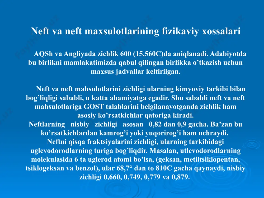 roratlarini oshishi bilan ko’tarilib boradi. to’g’ri zanjirli alkanlar kristalli tushish xususiyatiga ega, ko’p tarmoqli alkanlar bir necha alkil gruppalariga ega bo’lgan bir halkali alkanlar, aromatik uglevodorodlar va naftalin gomologlari kristallga tushmay amorf holatiga o’tadi. odatda harorat pasayishi bilan neft mahsulot quyuqlashadi va so’ngra kristallga tushadi. quyuqlashish jarayoni boshlanishi xavfli hisoblanadi, chunki bu vaqtda parafinlarning kristallari hali qattiq tusni olmagan bo’lishiga qaramay, neft mahsuloti o’zining harakatchanligini kamaytiradi, filtrlarga tiqilib qolishi va trubalarda probka hosil qilishi mumkin. shu sababli neft mahsulotlarini qotish haroratini bilish muhim ahamiyatga ega. o’t olish, alangalanish va o’z – o’zidan alangalanish harorati neft mahsulotini bug’lariga chetdan alanga olib kelinganda havodagi kislorod bilan yonuvchi aralashma hosil qiladigan haroratni o’t olish harorati deymiz. bu alanga qisqa muddatda yonib, keyin o’chadi. modda bug’larining ma’lum miqdordagi kontsentratsiyasigina havodagi kislorod bilan birga o’t oluvchi aralashma hosil qiladi. shu sababli moddaning kontsentratsiyasini yuqori va pastki chegaralari birligi qabul qilingan. aralashmada modda bug’larini kontsentratsiyasi meyoridan …