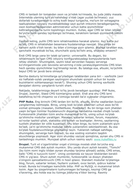 ha vaqt tejalishini hisobga olsa, kelajakda bu o'zini oqlaydi. endi, cms ga o'tishga halaqit beruvchi faqatgina bitta to'siq qoladi – texnik holat. deyarli barcha zamonaviy cms ishlashi uchun xostingda php interpretatori va mysql ma'lumotlar bazasi serveri bo'lishi kerak. besh-olti-yil avval shu kabi funksiyalarni taqdim etuvchi xosting-provayderlar kam edi. hozirga kelib, vaziyat yaxshi tarafga o'zgardi va php hamda mysql ni qollaydigan xostingni o'zbekistonning o'zida topish qiyinchilik tug'dirmaydi. qaysi cms dan foydalangan ma'qul? hozirgi davrga kelib, cms asosiga qurilgan bir qancha tizimlar yaratilgan. ularga misol qilib, drupal, php-nuke, webdirector, joomla!, netcat, slaed, microsoft cms, wordpress, phpshop kabilarni keltirish mumkin. bu tizimlarning ba'zilari umuman tekin bo'lsa, ba'zilaridan esa haqqini to'labgina foydalanish mumkin. cms ni tanlash bir tomondan oson va jo'ndek ko'rinsada, bu juda jiddiy masala. internetda ularning turli yo'nalishdagi o'nlab (agar yuzlab bo'lmasa): yuz dollarlab turadiganidan to ochiq kodli bepul turigacha, ma'lum bir sohagagina taalluqlisidan ixtiyoriy murakkablikdagi sayt qurish imkonini beradiganigacha, oson boshqariladiganidan …