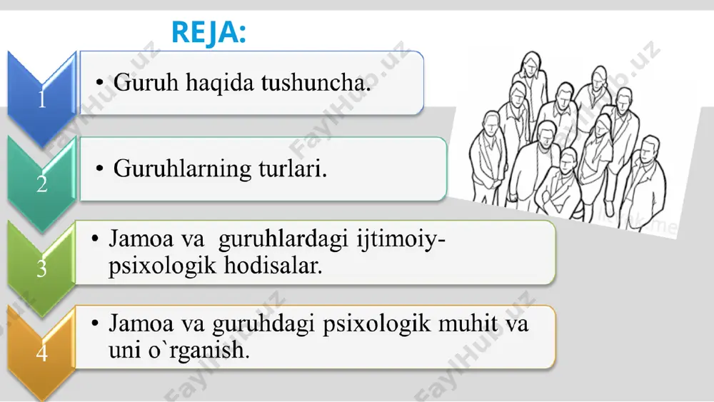 larning olgan javobi umumlashtiriladi va guruhda kim ko‘p ovoz olgan bo‘lsa u guruhning sardori yoki g‘olibi bo‘lishi mumkin guruh boshlig‘i rasmiy ravishda boshliq qilib saylangan, tayinlangan guruh «mustahkam» hisoblanadi. agar rahbarlik bo‘shashib ketsa tobelar orasida tabaqalanish paydo bo‘ladi. guruhlarda rahbarlik yaxshi tashkil qilingan bo‘lsa, talabchanlik bilan samimiyat, hurmat bilan izzat birgalikda amal qilsa unda guruhlar jipslashadi, maqsad qilib olingan ish muvaffaqiyatli bajariladi va hamma a’zolarning fikri bir joydan chiqadi, kelishib ishlash uchun imkoniyat paydo bo‘ladi. har bir guruhda, u qanday guruh bo‘lishidan qat’i nazar ularning ish boshlovchilari, boshliqlari, rahbarlari bo‘ladi va ular hamma vaqt ham teng huquqlikka asoslangan bo‘lmaydi. 1. в. в. макерова. социальная психология : современная теория и практика. екатеринбург 2016. (106-143 b). 2. v.yu.ahrorov. sotsial psixologiya. samarqand.2020y (103-129b). 3. zufarova, m.e. umumiy psixologiya. t:.2010 y. (61-66 b). 4. свенцицкий а. л. социальная психология: учебник. м.: тк велби, изд-во проспект,2004. (167-233 b). e’tiboringiz uchun rahmat!