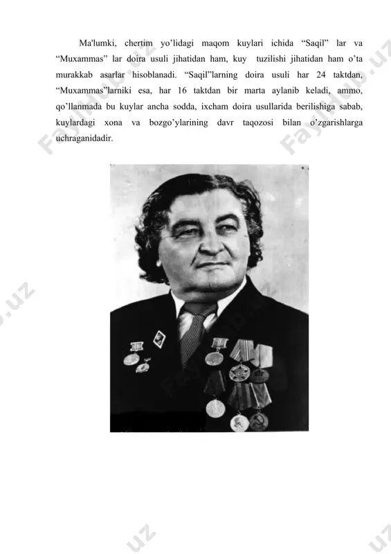 ertim yo’lidagi maqom kuylari ichida “saqil” lar va “muxammas” lar doira usuli jihatidan ham, kuy tuzilishi jihatidan ham o’ta murakkab asarlar hisoblanadi. “saqil”larning doira usuli har 24 taktdan, “muxammas”larniki esa, har 16 taktdan bir marta aylanib keladi, ammo, qo’llanmada bu kuylar ancha sodda, ixcham doira usullarida berilishiga sabab, kuylardagi xona va bozgo’ylarining davr taqozosi bilan o’zgarishlarga uchraganidadir. abdusharif otajonov (1924-1988) o’zbekistonda xizmat ko’rsatgan artist, respublika kompozitorlar va bastakorlaruyushmasining a'zosi, ulug’ vatan urushi qatnashchisi. ogahiy nomidagi xorazm viloyati musiqali drama va komediya teatri sahnasida 1959-1985 yillar davomida qo’yilgan 20 dan oshiq spektakllarga musiqa bastalagan. 20 dan oshiq vokal-xoreografik, cholg’u va xor asarlari, yuzlagan qo’shiqlar, kupletlar va raqs kuylari muallifi. chang va simfonik orkestr uchun konsert; solist, xor va orkestr uchun “xorazm”vokal-xoreografik poemasini yaratgan.o’zining tashkilotchilik va ijodiy faoliyati bilan xorazmda professional musiqa san'atinig rivojiga ulkan hissa qo’shgan myehri daryo, olijanob inson. saqili navo vazmin, salobat bilan 1-xona saqili navо»- («saqil»- оg`ir, vazmin)- …
