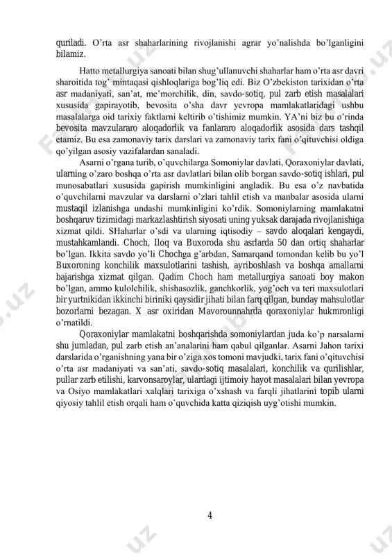 vropa va osiyo mamlakatlari xalqlari tarixiga o’xshash va farqli jihatlarini topib ularni qiyosiy tahlil etish orqali ham o’quvchida katta qiziqish uyg’otishi mumkin. 5 i-bob. narshaxiyning “buxoro tarixi” asari tarixiy manba sifatida o’rganilishi 1.1 abu bakr narshaxiyning «buxoro tarixi» asarida karmana tarixi va tarixshunosligi yoritilishi narshaxiy aslida o’z asariga qanday nom berganligi ma’lum emas. shu sababli asar qo’lyozma nusxalarda va hozirgi zamon ilmiy tarixiy adabiyotida ham «tarixi narshaxiy» (narshaxiy tarixi), «tarixi buxoro» (buxoro tarixi), «tahqiq ul viloyat» (viloyat haqiqatini aniqlash), «axbori buxoro» (buxoro haqida xabarlar)1 kabi har xil nomlar bilan yuritilib kelgan. bu nomlardan keyingi uchtasi asar mazmuni buyicha to’g’ri bo’lib, ulardan eng anig’i «tarixi buxoro» hozirda tarixiy adabiyotda qat’iy o’rnashib qoldi. «tarixi narshaxiy» deb atalishi esa yuqorida eslatib o’tganimizdek asarning bizgacha yetib kelgan nusxasi narshaxiydan boshqa kishilarning ham qo’shimcha va tahrirlari, qisqartirishlariga uchraganligi tufayli tobora kamroq ishlatilib kelinmoqda1. shunga binoan ushbu nashrda ham asar nomi «buxoro tarixi» deb qabul qilindi. …