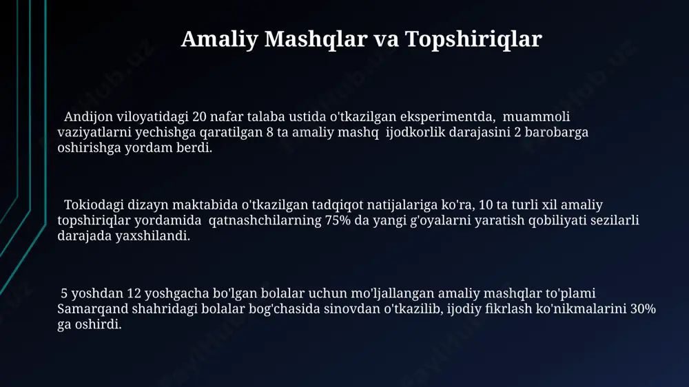 iliyati 25% ga oshgan. ijodkorlikni rivojlantirishda 5-7 yoshgacha bo'lgan bolalarda tasavvur va fazoviy fikrlashni rivojlantirishga qaratilgan maxsus o'yinlar va mashqlar samarqanddagi ta'lim muassasalarida keng qo'llaniladi. ijodiy qobiliyatlarning mohiyati o'zbekistonning samarqand shahridagi registratsiyadan o'tgan 2000 dan ortiq rassomlarning 80% i ijodkorlikni o'z-o'zini ifoda etishning asosiy usuli deb biladi. ijodkorlik, miyaning 10% dan kamroq qismini faol ishlatadigan odamlar tomonidan ham, masalan, leonardo da vinchi kabi tarixiy shaxslar singari, 50 dan ortiq sohalarda iste’dodli bo’lganlar tomonidan ham namoyon bo’ladi. ijodkorlikning mohiyati - yangi g'oyalarni yaratish va mavjud muammolarga 3 dan ortiq yangicha yechimlarni topish, masalan, tokiodagi zamonaviy arxitekturada ko'rish mumkin. e'tiboringiz uchun rahmat @taqdimot_robot