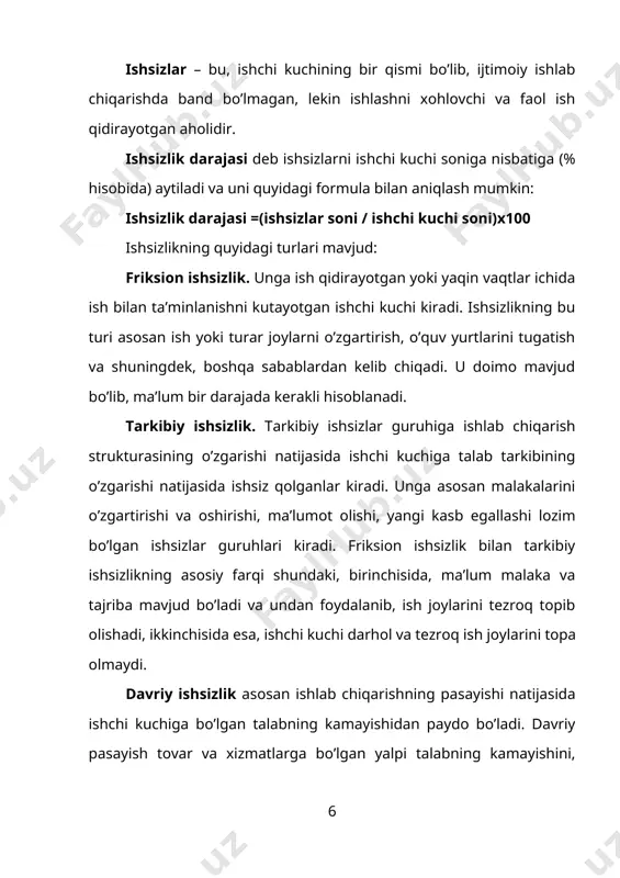 ing tabiiy darajasi holatida iqtisodiyotda yaratilishi mumkin bo’lgan mahsulot hajmini iqtisodiyotning ishlab chiqarish potensiali deb ataladi. mamlakatning ishlab chiqarish potensiali potensial yaim ko’rsatkichi bilan o’lchanadi. makroiqtisodiy beqarorlik tufayli, iqtisodiy pasayish davrida mamlakat o’z iqtisodiy potensialini to’liq ishga solmasdan, yaratilgan haqiqiy yaim hajmi (yh) potensial yaim (yp) hajmidan ortda qoladi. ya’ni yaimning uzilishi (yuz) ro’y beradi. yh – yp yuz= ----------------- 100 yp potensial yaim deganda mamlakatdagi ishlab chiqarish resurslaridan to’liq foydalanilgan sharoitda mumkin bo’lgan ishlab chiqarish hajmi tushuniladi. potensial yaim*ni hisoblashda mamlakatda ishsizlik mutlaqo yo’q deb emas, balki mavjud, biroq u tabiiy darajada, deb hisoblanadi. ishsizlik darajasining oshishi natijasida iqtisodiyot potensial yaim hajmini ololmaydi. shu sababli mamlakat miqyosida ishsizlikni uning tabiiy darajasida saqlash va tartibga solish iqtisodiy jihatdan katta ahamiyatga ega. ishsizlikning haqiqiy darajasi uning tabiiy darajasidan qanchalik yuqori bo’lsa, yaim uzilishi shuncha ko’p bo’ladi. shuning uchun ham potensial hajmdagi yaim* haqiqiy yaim dan katta bo’ladi. ishsizlik darajasi va yaim …