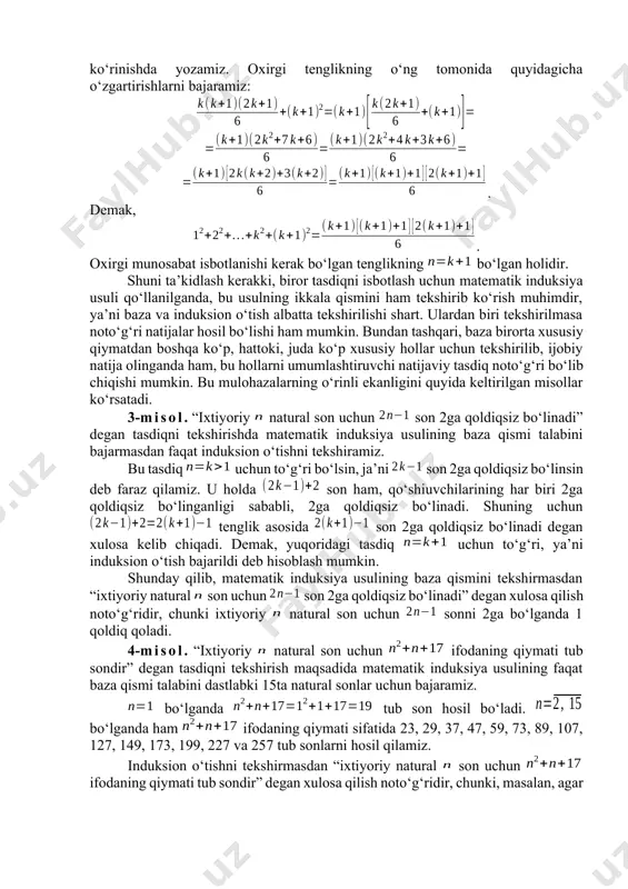 idagi bog’likliklarni tahlil qilish masalasi; lingvistika: harflarni kombinatsiya variantlarini hisoblash masalasi; ommaviy o’yinlar: yutuq chastotasini hisoblash masalasi; iqtisod: aksiyalarni sotib olish va sotish variantlarini tahlil qilishda; kriptografiya: shifrlash variantlarini hisoblashda; pochta xizmati: xizmatlarni yetkazish variantlarini hisoblashda; sport o’yinlari: musobaqa ishtirokchilarining uchrasuv variantlarini hisoblashda; biologiya: dnk kodini hisoblashda; harbiy ish: harbiy qismlarni joylashtirishda; astrologiya: planeta va yulduz turkumlarini joylashish variantini tahlil qilishda. 2. kombinatorikada ko‘p qo‘llaniladigan usul va qoidalar. kombinatorika va graflar nazariyasida tasdiqlarni isbotlashning samarali usullaridan biri bo‘lgan matematik induksiya usuli ko‘p qo‘llaniladi. bu usulning ketma-ket bajariladigan ikkita qismi bo‘lib, ular quyidagi umumiy g‘oyaga asoslanadi. faraz qilaylik, isbotlanishi kerak bo‘lgan tasdiq birorta xususiy qiymat (masalan, ) uchun to‘g‘ri bo‘lsin (usulning bu qismi baza yoki asos deb ataladi). agar bu tasdiqning istalgan uchun to‘g‘riligidan uning uchun to‘g‘riligi kelib chiqsa, u holda tasdiq istalgan natural son uchun to‘g‘ri bo‘ladi (induksion o‘tish). 2-misol. ixtiyoriy natural son uchun tenglikning o‘rinli bo‘lishini matematik induksiya usuli …
