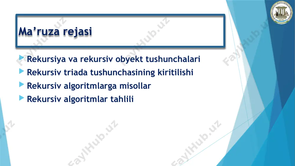 aat bo’lsa rekursiv deb ataladi. yuqoridagi faktorialni hisoblash funksiyasi qayta e’tiborni qaratamiz: longint factor (int n) { if (n 0 bo’lsa, factorial funksiyasi o’zini o’zi chaqiradi. 7 rekursiya chuqurligi shuning uchun ham rekursiyani qo’llashda quyidagilarga alohida e’tibor berish kerak: funksiya tarkibida o’zini o’zi chaqirishlar soni – rekusiya chuqurligi deyiladi. yuqoridagi faktorialni hisoblash algoritmida rekursiya chuqurligi n ning qiymatiga bog’liq. rekursiya chuqurligi – yetarli darajada kichik bo’lishi shart (!!!). katta chuqurlikdagi rekursiyadan foydalanish dasturda uzoq vaqt ishlash va stekning to’lib ketishiga (stekli xotiraning yetishmovchiligi) olib keladi. shuning uchun ham, agar masalani rekursiyasiz ham yechish mumkin bo’lsa, u holda rekursiyani qo’llash tavsiya etilmaydi. 8 faktorialni rekusiv funksiyasi: longint factor (int n) { if (n 1 bo’lsa, masalani uchta bosqichga ajratamiz: 1. birinchi n - 1 disklarni a dan c ga b minoradan foydalanilgan holda rekursiv o’tkazish. 2. disk n ni a dan b ga o’tkazish. 3. n - 1 disklarni c dan …