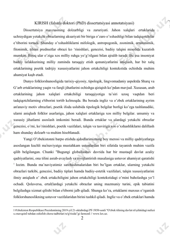 yetakchi obrazlar genezisi, o’rni, ko’rinishlari, poetik vazifalari, talqin va tasviriga xos o’xshashliklarni dalillash ham shunday dolzarb va muhim hisoblanadi. yangi o’zbekistonni barpo etishda ajdodlarimizning boy merosi va milliy qadriyatlarga asoslangan kuchli malnaviyatga mustahkam ustunlardan biri sifatida tayanish muhim vazifa qilib belgilangan. chunki "bugungi globallashuv davrida har bir mustaqil davlat azaliy qadriyatlarini, ona tilini asrab-avaylash va rivojlantirish masalasiga ustuvor ahamiyat qaratishi [footnoteref:1] lozim. bunda ma’naviyatimiz sarchashmalaridan biri bo’lgan ertaklar, ularning yetakchi obrazlari tarkibi, genezisi, badiiy tiplari hamda badiiy-estetik vazifalari, talqin xususiyatlarini ilmiy aniqlash o’ zbek ertakchiligini jahon ertakchiligi kontekstidagi o’rnini baholashga yo’l ochadi. qolaversa, ertal(lardagi yetakchi obrazlar uning mazmuniy turini, epik tabiatini belgilashga xizmat qilishi bilan eltiborni jalb qiladi. shunga ko’ra, ertaklarni maxsus o’rganish folklorshunoslikning ustuvor vazifalaridan birini tashkil qiladi. ingliz va o’zbek ertaklari hamda ularning o’zaro tarjimalaridagi yetakchi obrazlar berilishini, paradigmatik, lingvokulturologik, lingvopoetik xususiyatlarini yoritish orqali har ikkala xalq madaniy aloqalari o’z tarixiga ega ekanligini isbotlaydi. [1: 0'zbekiston respublikasi prezidentining …