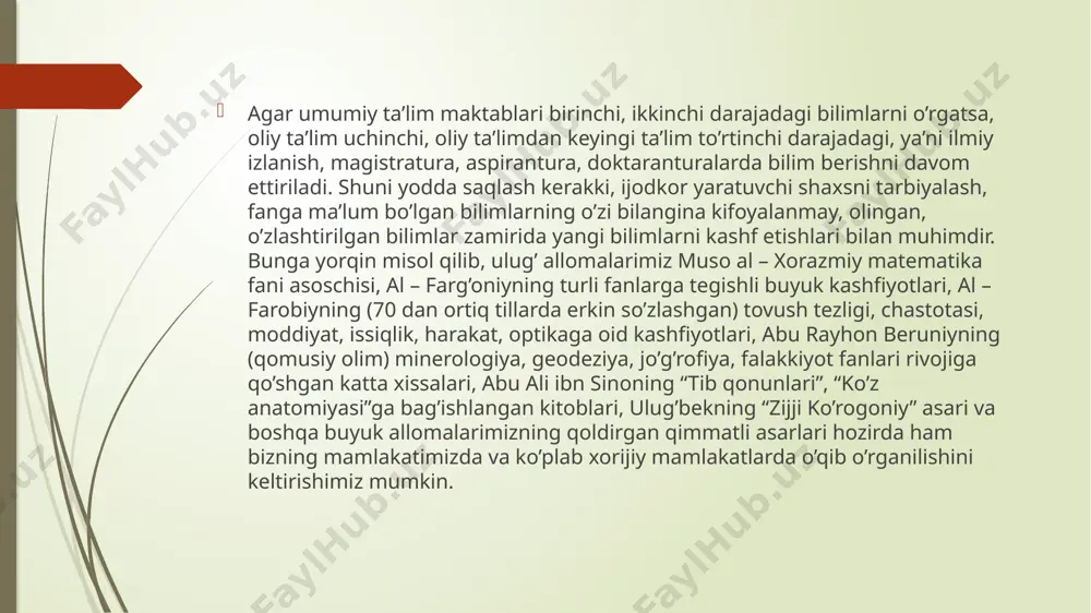 iyasi.kreativlik (ing “create”-yaratish, “creative”yaratuvchi, ijodkor) – individning yangi g„oyalarini ishlab chiqishda tayyor tavsiflovchi hamda mustaqil omil sifatida iqtidorlikning tarkibiga kiruvchi ijodiy qobilyat ma‟nosini ifodalaydi. insondagi kreativlik hususiyati uning aql, tafakkur, tushuncha, dunyoqarashi, fikrlash, his-tuyg„u, zehinning o„tkirligi kabi jarayonlarda o„z aksini topadi. kreativlik – muayyan faoliyat turlarida namoyon bo„ladi. kreativ insonni oladigan bo„lsak, unda uning iqtidori rivojlangan bo„ladi. amerikalik psixolog olim torrensni aytishicha kreativlik yoki kreativ fikrlaydigan shaxs har xil dolzarb muammolarni ilmiy sohadagi qarashlarni ko„p gapiradigan shularni yechimini topishga intilishi yoki muammolarni muhokama qilishini ifodalaydi. kreativ shaxs muammolarni oson hal qiladigan, yashash tarzini osonlashtiradigan, o„ziga bo„lgan ishonchi yuqori darajada bo„lgan odam tushuniladi. kreativ fikrlaydigan shaxs o„zining muammolarini bemalol hal qila oladigan yetuk shaxs deb bilaman. kreativ fikrlash har bir shaxsga kerak tushunchadir. pedagogning kreativ sifatlari haqida gaplashadigan bo„lsak, shaxsiy faoliyatidagi qiziqishlari, qobilyatlarini, potensial quvvatini oshirib kasbiy faoliyatning samarali bo„lishiga yordam beradi. ta‟lim sohasida faoliyat yuritayotgan pedagoglarda kreativ fikrlash dars jarayonida …