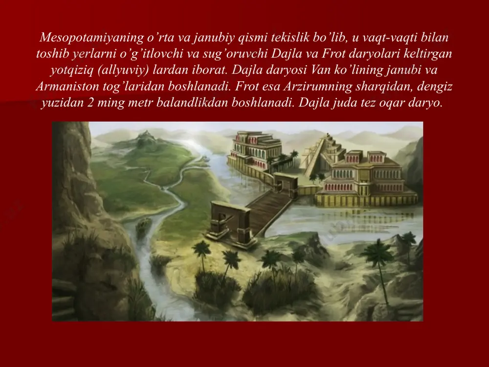 ingan hududlar podsholarining arxivlari bilan yaqindan tanishish imkoniyati yetarli edi. qadimgi mesopotamiya tarixiga oid ktesiy qoldirgan ma’lumotlar ham xuddi gerodotniki singari afsonalar, xalq ertaklari va kohinlarning hikoyalariga asoslanganligi bilan xarakterlidir. diodor (mil. avv. i asr) va strabon (mil. avv. i asr oxiri milodiy i asr boshlari) lar ham gerodotning izidan borib ikki daryo oralig’ining tabiati, aholisining turmush-tarzi, urf-odatlari, nikoh hamda dafn marosimlari haqidagi ma’lumotlarni yozib qoldirganlar. strabon yana mesopotamiyaning qishloq xo’jaligi haqida batafsil to’xtalib o’tgan. yunon-rim mualliflarining ishini mil. avv. iv-iii asrlarda yashagan beros davom ettirgan. mesopotpamiya tarixiga oid uchinchi guruh manbalar moddiy-madaniyat yodgorliklari bo’lib, ularning eng yorqin namunasi mixsimon yozuvlardir. mixxat yozuvlari bilan yevropaliklarni birinchi bo’lib italiyalik savdogar petro della velle tanishtirgan. u doro i ning persepoldagi saroyi devorlariga yozilgan mixxat yozuvlaridan ko’chirma olib ketadi. mix shaklidagi naqshga o’xshovchi bu yozuvni o’qishga kirishgan shaxs karsten bo’lsada, uning alifbo ekanligini isbotlash nibburga nasib etadi. u mixxatlarning uch sistemasini hamda 42 …
