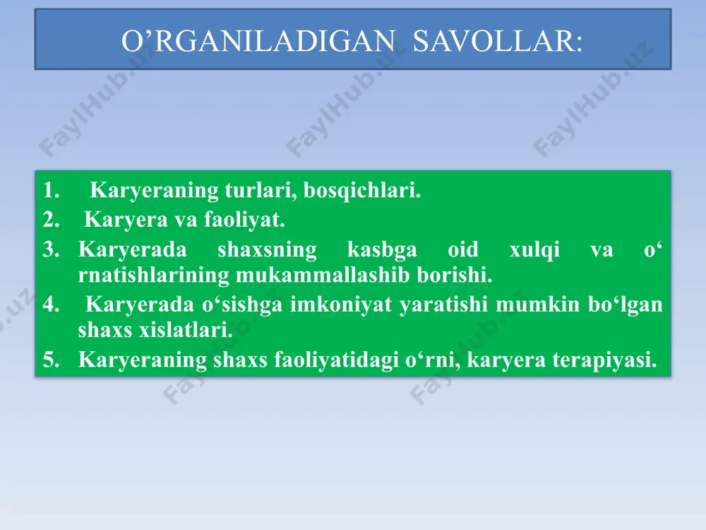 engaytirishni anglatadi. diagonal karyera — bu vertikal va gorizontal karyeraning aralashmasi bo‘lib, shaxs yangi yo‘nalish bo‘yicha o‘zining bilim va tajribasini kengaytirishi mumkin. karyera bosqichlari: karyeraga kirish bosqichi — shaxs o‘z kasbini tanlagan va unga oid ilk tajriba orttirgan davr. bu bosqichda malaka va bilimlarni o‘zlashtirish, ish tajribasini olish muhim. kasbda rivojlanish bosqichi — bu bosqichda shaxs malakasini oshiradi, o‘z kasbiy ko‘nikmalarini kengaytiradi va yuqori lavozimlarda ishlash imkoniyatlarini qidiradi. yuqori lavozimlarga chiqish bosqichi — bu davrda shaxs o‘z faoliyatida katta muvaffaqiyatlarga erishgan va rahbarlik rolini bajarishga tayyor bo‘lgan. karyera turg‘unligi yoki pasayish bosqichi — bu bosqichda shaxs kasbda yuksalishni to‘xtatishi mumkin, yoki yangi imkoniyatlar qidirishni boshlaydi. karyera yakunlash bosqichi — bu shaxs o‘z karyerasining yakuniy davriga kirganida yuzaga keladi. odatda, pensiya yoshiga yaqin vaqt bo‘ladi. karyerada shaxsning kasbga oid xulqi va talablarining mukammallashib borishi karyera davomida shaxsning kasbga oid xulqi o‘zgarib, mukammallashadi. bu jarayon quyidagi bosqichlarni o‘z ichiga oladi: o‘zini anglash …