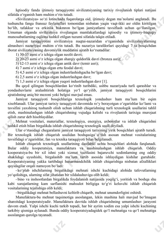 jining muayyan darajasi ishlab chiqarish munosabatlarining u yoki bu turini taqozo qiladi. muayyan taraqqiyot darajasidagi ishlab chiqaruvchi kuchlar va ishlab chiqarish munosabatlari muayyan turining birligi va o‘zaro ta’siri ishlab chiqarish usulini tashkil etadi. ishlab chiqarish munosabatlari faqat ishlab chiqaruvchi kuchlar bilangina o‘zaro aloqada bo‘lib qolmaydi. ular bir vaqtda bazis ham hisoblanib, uning ustida ishlab chiqarish munosabatlarining ushbu tizimiga xos bo‘lgan alohida siyosiy, huquqiy, mafkuraviy, milliy, oilaviy va boshqa ijtimoiy munosabatlar hamda tartibotlarning alohida turlari qad ko‘taradi. ana shularning yig‘indisi jamiyatning asosini tashkil etadi. siyosat, huquq, ahloq va ustqurmaning boshqa elementlari ham faol ro‘l o‘ynaydi, o‘zlarini vujudga keltirgan ishlab chiqarish munosabatlariga, ular orqali esa jamiyatning ishlab chiqaruvchi kuchlariga ham aks ta’sir ko‘rsatadi. ishlab chiqarish usuli bilan jamiyat asosi ijtimoiy-iqtisodiy formatsiyani tashkil etadi (3.1- rasm). 3.1-rasm. ijtimoiy-iqtisodiy formatsiyaning tarkibiy tuzilishi bu yerda ikki holatga e’tibor berish muhim. birinchidan, ishlab chiqarish munosabatlari mustaqil, alohida tizimni tashkil qilmaydi. ular ishlab chiqaruvchi kuchlar bilan ham, …