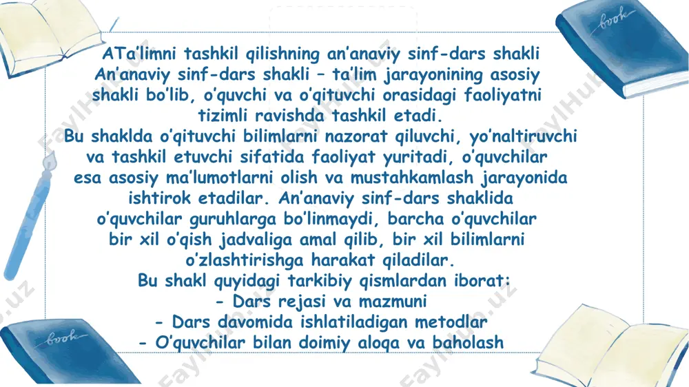larini mustahkamlash uchun ishlatiladigan materiallar va texnologiyalardir. ta’lim vositalari quyidagi turdagi bo'lishi mumkin: - labaratoriya vositalari: eksperimentlar va tajribalar o’tkazish uchun zarur bo’lgan materiallar va asboblar. - kitoblar va darsliklar: o’quvchilarga bilimlarni o’zlashtirish uchun zarur bo’lgan manbalar. har bir ta’lim vositasi o’quvchilarning o’rganish jarayonini yengillashtiradi va ularning faol ishtirokini rag’batlantiradi. 更多精美ppt模板下载： http://so.ooopic.com/sousuo/15770370/ 9 ta’limni tashkil qilishning an’anaviy sinf-dars shakli — bu ta’lim jarayonining asosiy shakli bo’lib, o’quvchilar va o’qituvchi o’rtasidagi o’zaro aloqani tizimli va faoliyatga asoslangan tarzda tashkil etadi. bu shaklda o’qituvchi darsni rejalashtirib, o’quvchilarga yangi bilimlarni o’rgatadi, o’quvchilar esa o’zlashtirish uchun faol ishtirok etadilar. an’anaviy sinf-dars shaklida, odatda, o’qituvchi markaziy rol o’ynaydi, o’quvchilar esa tinglovchi yoki qo’llab-quvvatlovchi rolda bo’ladilar. 更多精美ppt模板下载： http://so.ooopic.com/sousuo/15770370/ 10 an’anaviy sinf-dars shaklini tashkil etishning asosiy jihatlari: 1. o’qituvchi va o’quvchi o’rtasidagi o’zaro aloqalar: - o’qituvchi: ta’lim jarayonini boshqaradi, darsning maqsad va vazifalarini belgilaydi, o’quvchilarni nazorat qiladi, savollarni berib, ularning fikrini rivojlantiradi. o’qituvchi bilimlarni taqdim etish, tushuntirish …