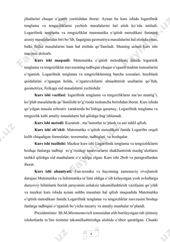 muassasalari bakalavriatining kunduzgi ta’lim shakliga kirish imtihonlari natijalariga ko‘ra, ta’lim sohalari kesimida, ta’lim olish tilidan qat’i nazar, respublika bo‘yicha eng yuqori ball to‘plagan abituriyentlarning 200 nafari prezident grantiga da’vogar bo‘ladi. bunda: prezident granti uchun ajratilgan kvotaning ta’lim sohalari bo‘yicha taqsimoti har yili o‘zbekiston respublikasi ta’lim muassasalariga o‘qishga qabul qilish bo‘yicha davlat komissiyasi tomonidan tasdiqlanadi; muayyan ta’lim sohasi uchun ajratilgan prezident granti kvotasi bo‘yicha so‘nggi o‘rindagi abituriyent va u bilan bir xil ball to‘plagan barcha fuqarolar prezident grantiga da’vogar bo‘ladi; b) qonunchilik hujjatlariga muvofiq oliy ta’lim muassasasiga o‘qishga kirishda qo‘shimcha ball shaklida imtiyoz beriladigan toifadagi abituriyentlarning kirish imtihonlari natijalariga ko‘ra to‘plagan baliga qo‘shib berilgan ballar prezident grantiga da’vogarlarni aniqlashda hisobga olinmaydi; bizga maktab matematika kursidan ma’lumki 3𝑥 =5 ko’rinishshdagi ko’rsatkichli tenglamalarni log3 belgini kiritish orqali echish mumkin. bu holda tenglama echimi 𝑥 = log3 5 kabi bo’ladi. logarifm yunoncha logos - “nisbat” va “son” so’zlari bilan bog’liq bo’lib, musbat sonlar to’plamida …