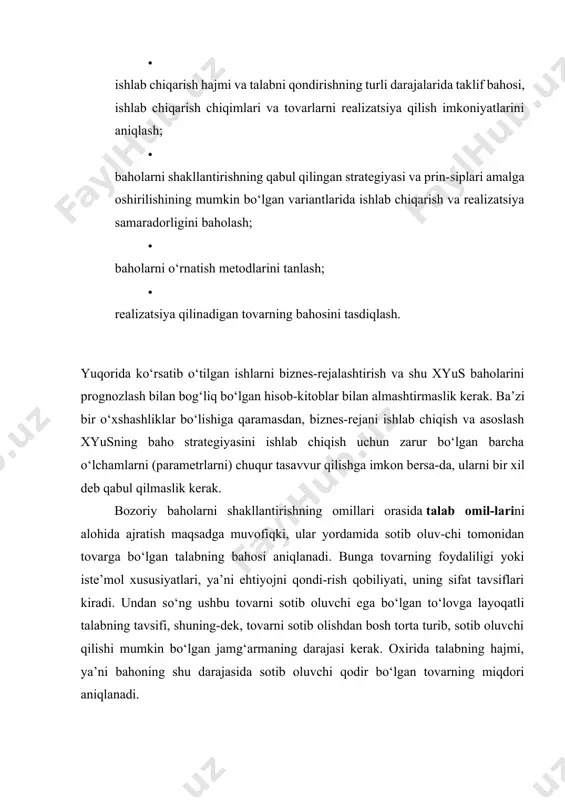 iste’mol xususiyatlari, ya’ni ehtiyojni qondi-rish qobiliyati, uning sifat tavsiflari kiradi. undan so‘ng ushbu tovarni sotib oluvchi ega bo‘lgan to‘lovga layoqatli talabning tavsifi, shuning-dek, tovarni sotib olishdan bosh torta turib, sotib oluvchi qilishi mumkin bo‘lgan jamg‘armaning darajasi kerak. oxirida talabning hajmi, ya’ni bahoning shu darajasida sotib oluvchi qodir bo‘lgan tovarning miqdori aniqlanadi. iste’mol tanlov omillari almashtiriladigan tovarlar tizimida to-varning raqobatdoshligini aniqlab beradi. tovar va mahsulotlarni sotib oluvchilar, ular bilan raqobat qiluvchilar, raqobat tovarlari bilan tovar-ning almashuvchanligi, almashtiriladigan yoki o‘zaro almashtiriladigan tovarlarning taqqoslanishi ehtiyojning tarkibiy tuzilmasini belgilab be-radi. bu yerda shu tovarni yoki shu tovar bozorini ularni to‘ldiradigan tovarlar yoki ularni to‘ldiradigan tovarlar bozori bilan taqqoslash katta ahamiyatga ega. taklif omillari mol yetkazib beruvchi-sotuvchi tomonidan tovar-ning taklif bahosini o‘rnatishga yordam beradi. bu yerda bozorga taklif qilinayotgan tovarning umumiy soni va xyus tomonidan bozorga yetkazib berilayotgan tovarning sonini (bo‘lishi mumkin bo‘lgan boshqa mol yetkazib beruvchilarda shu tovarning zaxiralarini va xyus dagi zaxiralarni qo‘shgan …