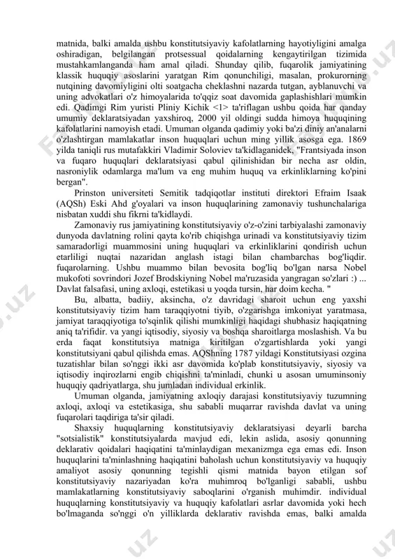 ni ko'chib o'tishlari uchun imtiyozli imkoniyatlar yaratadi. ushbu migratsiya siyosati natijasida 1990 yilda 250 milliondan ortiq aholisi bo'lmagan mamlakatda 2050 yilda 420 million fuqarosi borligi taxmin qilinmoqda. fuqarolikni har xil siyosiy, iqtisodiy, diniy, irqiy va boshqa cheklashlar ko'plab mamlakatlar qonunchiligida ko'zda tutilgan. fuqarolik bir necha usul bilan tugatiladi: fuqarolikdan chiqish (fuqarolikdan chiqish), bu fuqaroning o'zi irodasini ifodalovchi harakat bo'lib, ko'pincha iqtisodiy, madaniy yoki siyosiy sabablar bilan bog'liq; fuqarolikni yo'qotish (fuqaroligini yo'qotgan shaxs fuqaro bo'lgan davlat qonunlariga muvofiq avtomatik ravishda fuqarolikni yo'qotish); fuqarolikdan mahrum qilish. bir qator konstitutsiyalarning qoidalariga binoan, shaxs ba'zi jinoiy yoki siyosiy huquqbuzarliklar uchun sud qarori bilan fuqaroligidan mahrum etilishi mumkin. ba'zi mamlakatlarda fuqarolikdan mahrum qilish hukumat uchun nomaqbul siyosiy faoliyat bilan shug'ullanadigan shaxslarga nisbatan ma'muriy choralar asosida amalga oshirilishi mumkin. 2. rivojlangan mamlakatlarda inson huquqlari maqomining konstitutsiyaviy tartibini belgilashning o'ziga xos xususiyati huquq va erkinliklarni huquqiy jihatdan mustahkamlash va ifoda etish usullari juda xilma-xildir, lekin aksariyat hollarda …