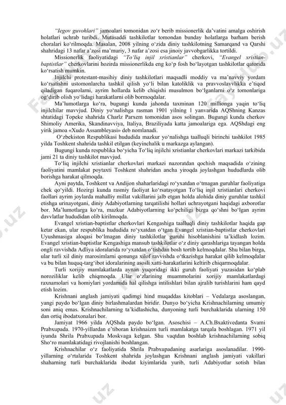 ariga zamin yaratishini ko‘rsatadi. missionerlar zamonavviy texnika va texnologiya, ommavviy axborot va kommunikatsiya vositalari imkoniyatlaridan ham samarali foydalanishga harakat qilmoqdalar. turli davvlatlar va mintaqalarda ish yuritayotgan missionerlar internet tarmog‘i orqali o‘z faoliyatlarini muvofiqlashtirayotgani, moliyavviy mablag‘larni bemalol u mamlakatdan bu mamlakatga o‘tkazayotgani ham shunday xulosa chiqarish uchun asos bo‘ladi. bunday yo‘l bilan missionerlar va ularning homiylari u yoki bu davvlatdagi diniy muvozanatni izdan chiqarish, soxta insonparvarlik yordami ko‘rsatish bahonasida o‘z ta’sir doiralarini kengaytirishga intilmoqdalar. 2 diniy sеktalar faоliyatining оqibatlari va missiоnеrlikning milliy hayotga tahdidi. asrlar davvomida yurtimizda mehr-muruvvat va oqibat, ezgulik va yaxshilik, tinchlik va do‘stlik g‘oyalariga asoslanadigan, ularni targ‘ib etadigan turli dinlarga e’tiqod qiladigan kishilar hamkor va hamjihat yashab kelgan. xususan, qadimdan diyorimizda islom, nasroniylik, iudaizm kabi dinlar yonma-yon yashab kelgan. yirik shaharlarimizda masjid, cherkov va sinagogalar faoliyat ko‘rsatgani, tariximizning eng murakkab va og‘ir davvrlarida ham ular o‘rtasida kelishmovchilik va mojarolar bo‘lmagani ham buning tasdig‘idir. bugun ham mamlakatimizda turli konfessiyaga …