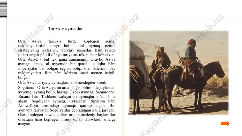 en arxeologiyalıq qaldıqlarda saqlangan. túrkler túrkler, házirgi túrkmenstan hám qazaqstan aymaqlarınan kelip, orta aziya hám onnan sırtta jana mámleketler dúzgen. olardıń kóplegen iri imperiyaları orta aziya hám átirap aymaqlardı óz quramına kirgizgen. túrkler áskeriy hám siyasiy jaqtan úlken tásir kórsetken. bashqurtlar hám ózbekler ózbekler, házirgi ózbekstan aymaǵında jasagan hám keyin ala ózleriniń bay mádeniyatı hám ilimi menen ajıralıp turdi. ózbek xalqı óziniń kóplegen mádeniy orayları, sonıń ishinde, samarqand, buxara hám tashkent penen belgili. qıtaylar qıtaylar orta ásirlerde orta aziyaǵa ózleriniń mádeniy tásirin ótkergen hám kóplegen tariyxıy baylanıslar ornatqan. qıtaylar óziniń ilim, texnologiya hám ónermenchilik tarawındaǵı oylap tabıwların orta aziyaga alıp kelgen. orta aziya aymaǵı áyyemnen túrli xalıqlar hám mádeniyatlardıń úylesken jeri bolıp, bul jerde túrli tariyxıy xalıqlar, sawda jolları hám imperiyalar birlesip, ilim, mádeniyat hám kórkem ónerdi rawajlandırıwda úlken áhmietke ie bolǵan. sogdiana, xorezm, marginon hám basqa tariyxiy aymaqlar bul aymaqtaģı áyyemgi xalıqlar hám olardıń rawajlanıwın kórsetedi. hár bir áemgi …