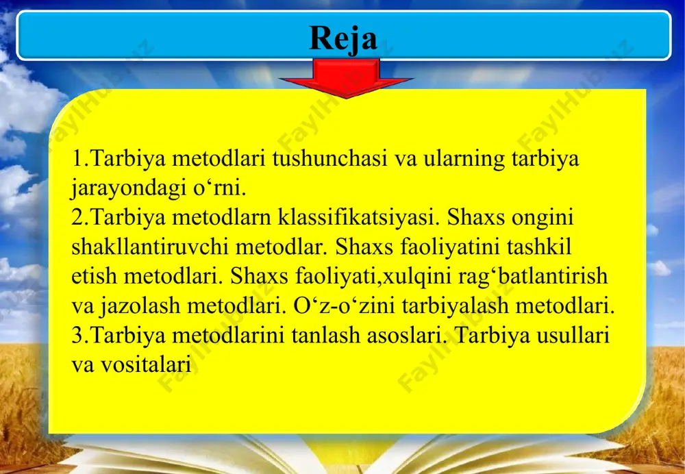 ikdagi faoliyat usullaridir. tarbiya metodi «shaxsga yaqinlashishning quroli» bo’lib, u bevosita tarbiyalanuvchi shaxsiga qaratilgandir. shunday qilib, tarbiya metodlari shunday usullar yig’indisiki, uning yordamida shaxs ongi va xulqiga maqsadga muvofiq ta’sir etish orqali, unda zarur insoniy sifatlar, foydali faoliyat tajribalari va ko’plab axloqiy fazilatlar shakllantiriladi. pedagogika nazariyasida tarbiya metodlari bilan birga tarbiya usullari va tarbiya vositalari tushunchalari ham ishlatiladi. usul tarbiya metodining xususiy, alohida ma’no kasb etuvchi tushunchasi hisoblanib, u o’sha metod samaradorligi, ta’sirchanligini oshirishga faol yordam beradi. metodga nisbatan usul yordamchi, xususiy xarakter kasb etadi. masalan, mehnat jarayonida mehnat faoliyatini ko’rsatish usul sifatida foydalanilib, jarayonni qanday qilib aniq bajarish yo’li ko’rsatiladi. hikoya, ma’ruza metodlarida aniq dalillar keltirish (usul) bilan ko’rsatmalilikka (usul) e’tibor qaratiladi. tarbiya vositasi kengroq tushuncha hisoblanib, unda tarbiya vazifalarini hal etish uchun pedagogik maqsadga muvofiq tashkil etilgan har qanday uslubiy yo’llar tushuniladi metod, usul va vosita tushunchalari o’rtasida aniq bir chegara yo’q. metod, usul va vositalar o’zaro dialektik …