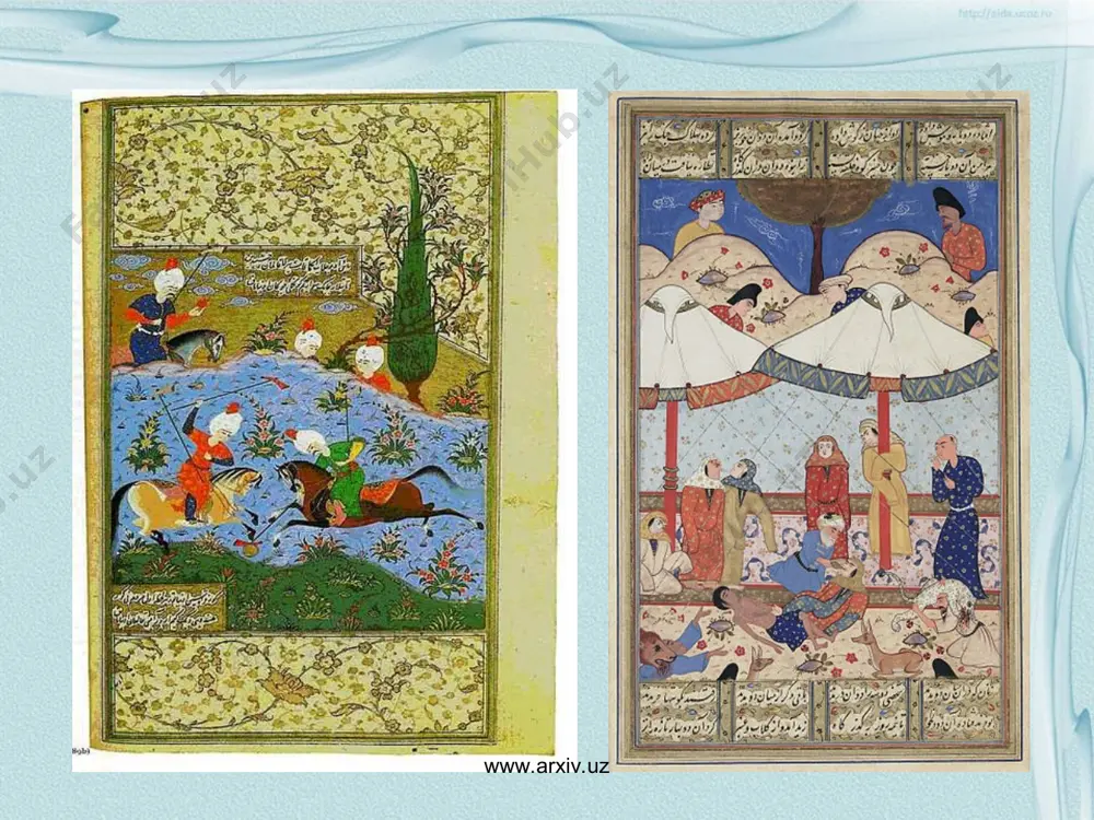 ahvi (grammatikasi), notiqlik san’ati, aljabr va handasa asoslari o’rgatilgan. bundan tashqari хofiz, bedil, navoiy asarlari o’qitilgan. o’sha davr shoirlari, fan arboblari musiqani chuqur tushunganlar. musiqa san’atining rivojiga ulkan hissa qo’shgan mavlono muhammadin mug’anniy, mavlono kavkabiy, хo’ja muhammad, rizo samarqandiyning nomlari bizgacha yetib kelgan. www.arxiv.uz www.arxiv.uz www.arxiv.uz www.arxiv.uz bu davrdagi me’morchilik yodgorliklar hajmi va pardozining jimjimadorligi bilan ajralib turadi. samarqanddagi registon maydoni shu davrda shakllandi. sherdor madrasasining old peshtoqida rangin koshinlar bilan chekilgan bir juft sher tasvirlangan. тillakori madrasasining nomi «tilla bilan pardozlangan» degan ma’noni beradi. devorlardagi ajoyib naqshu nigorlar va ichki devorlardagi to’kis tilla bezaklar juda nafis ishlangan. xviii asr oxirlaridan хiva xonligida ta’mirlash va shaharsozlik ishlari avj oladi. ollaqulixon madrasasi, rahmonquli inoq saroyi hajm jihatidan ancha mahobatli qurilgan. qo’qon xonligi me’morchiligida rang-baranglik va yorqinlik, pardozdagi koshinlarning yorqin tovlanishi kabi xususiyatlar ayniqsa хudoyorxon saroyida yaqqol namoyon bo’ladi. www.arxiv.uz www.arxiv.uz xviii asr oxiri - xix asr boshlarida me’morchilik hajm jihatdan ixcham …