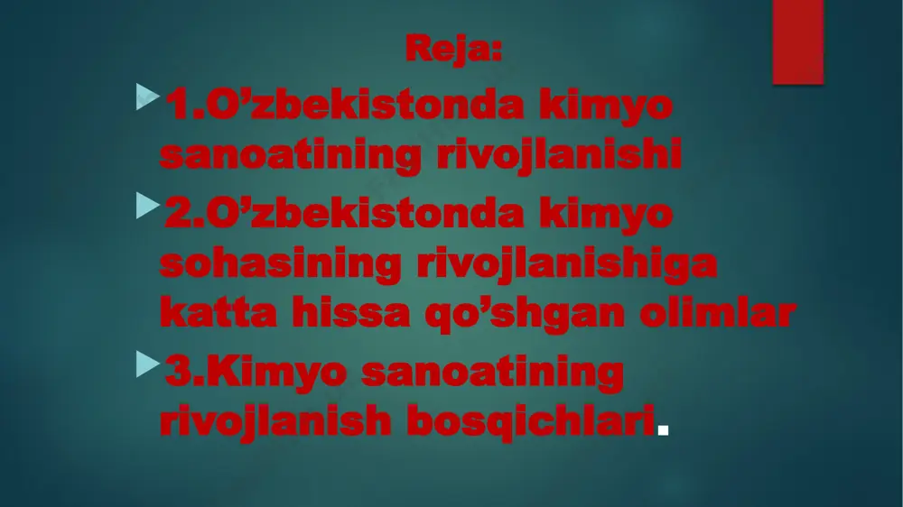 chiroqlarda yoqilgan). keyinchalik toshkentda lak-bo’yoq va soda zavodlari (1920 yil), bekobod sement va ohak zavodlari (1926 yil) qurilib ishga tushirilgan. o’zbekiston sobiq ittifoq tarkibida eng yirik paxta yetkazib beruvchi xo’jalik bo’lgani uchun, unda kimyo sanoatining vujudga kelishi asosan paxtachilik uchun zarur bo’lgan mineral o’g’itlar ishlab chiqarish korxonalarining qurilishidan boshlandi. 1940-yilda respublikamiz kimyo sanoatining gigant chirchiq elektrokimyo kombinati qurilib ishga tushirildi. kombinat o’sha yilning o’zidayoq qishloq xo’jaligimiz uchun 1 ming 600 tonna mineral o’g’it ishlab chiqarildi. 1942-yilda qo’qon superfosfat zavodi, 1965-yilda navoiy kimyo kombinati, 1975-yilda olmaliq ammofos zavodlari, 2001-yilda qizilqum fosforit zavodi qurilib ishga tushirildi. 1985-yilga kelib respublikamizda to’yimli moddalarni 100% ga aylantirib hisoblaganda 1 mln. 592 ming tonna mineral o’g’it ishlab chiqarildi va o’g’it ishlab chiqarish bo’yicha bolgariya, vengriya, polsha, yugoslaviya, chexoslovakiyadan ham o’zib ketdi. hozirgi paytda o’zbekiston yaponiya bilan taxminan teng miqdorda o’g’it ishlab chiqarmoqda. kimyo shubhasiz eng muhim amaliy fan sohalaridan biridir. fan yutuqlarini ishlab chiqarishga tatbiq etilishi …