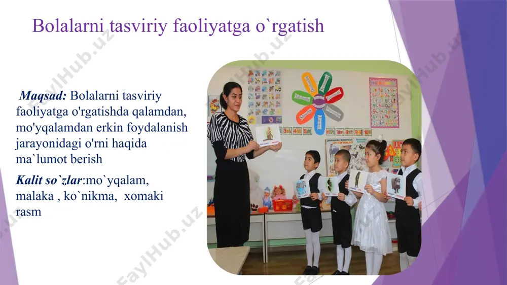 larda mantiqiy fikr yuritishga, kuzatishga, asosiy ajratib ko'rishgn predmetning fazoviy xususiyatlarini tahlil qilishga, o'zlari mustaqil ravishda tasviriy vositalarni tanlashga o'rganadilar. biilarning hnmmasi esa maktabda o'qish jarayonida zarurdir. shunday qilib, bolalarning tasviriy faoliyati mashg'ulotlarida maktabda o'qishga tayyorlash axloqiy, estetik tarbiyalab, ulardabadiiy did va ijodiy qobiliy.it larni o'stiradi. xulosa. •xulosa qilib aytganda shuni ta’kidlash lozimki tarbiyachi rivojlanmasa, maktabgacha ta’lim rivojlanmaydi. tarbiyachining rivojlanishi esa, o‘z ustida tinimsiz izlanishi, ta’lim-tarbiyani uyg‘unlashtirgan holda yangiliklar yarata olish, xalq pedagogikasini chuqur bilishi bilan xorij tajribasi yangiliklarini o‘zlashtirib, o‘z faoliyatini boyitib borishi va ularni amaliyotda qo‘llay olishi bilan ahamiyatlidir. maktabgacha ta’lim boshlang‘ich ta’limning poydevori sanaladi. poydevor mustahkam bo‘lsa imorat uzoq yillar qad ko‘tarib turadi. shunday ekan kelajagimiz davomchisi bo‘lgan yosh avlodga har tomonlama komil inson qilib, ta’lim- tarbiya berish bugungi kun pedagogining oldida turgan dolzarb vazifalardan biri ekanligini anglamog‘imiz zarur. e’tiboringiz uchun rahmat image1.jpg image2.jpg image3.jpg image4.jpg image5.jpg image6.jpg