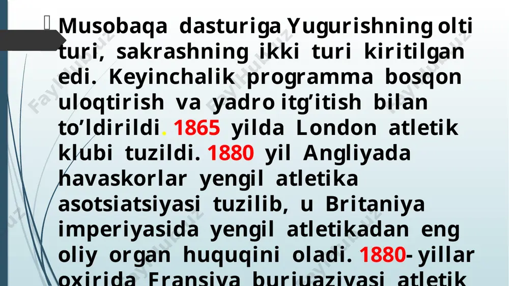 ilishi mumkin. shahar ko’chalari bo’ylab uzunligi, soni va kontingenti har xil bo’lgan erkaklar va ayollar aralash estafetalar o’tkaziladi bo’yi 25.8sm kross yugurish tabiy sharoitda, ochiq havoda shahar hiyobonlari, aholi yashash joylaridagi katta yo’llarda o’tkazilib, yuguruvchilardan maxsus va umumiy chidamlilikni namoyon qilinishini talab etadi. erkaklarda masofa – 1, 2, 3, 5, 8, 12 km, 14km; ayollarda – 1, 2, 3, 4, 6 km yengil atletika sakrashlari ikkita guruhga bo’linadi: vertikal va gorizontal to’siqlar osha sakrashlar. birinchi guruhga quyidagilar kiradi (vertikal): a) yugurib kelib balandlikka sakrashlar; b) yugurib kelib langarcho’p bilan sakrashlar. ikkinchi guruhga quyidagilar kiradi(gorizantal) : a) yugurib kelib uzunlikka sakrash; b) yugurib kelib uch hatlab sakrashlar. sakrash ikki turga bo’linadi: imkon boricha balandroq sakrash maqsadida vertikal to’siqlardan o’tib balandlikka sakrash va langarcho’p bilan sakrash. imkon boricha uzoqqa sakrash maqsadida gorizontal to’siqlardan o’tib uzunlikka sakrash. . sakrashda erishilgan natijalar metr va santimetrda aniqlandi. sakrash turgan joydan va yugurib kelib ijro etiladi. …