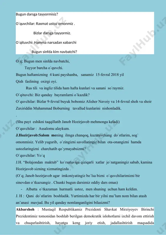 g nimani bildiradi? o`uvchilar: tillarang –iqtisidiyotni rivojlantirish elementlari hisoblangan kuch—qudrat va boylik ramzi . j.h. 4 yo`nalish ijtimoiy sohani rivojlantirish. qizil rang nimani bildiradi? o`quvchilar : qizil rang hayot va aholining munosib turmush tarzini ta`minlash ramzi. j. h. xavfsizlik , diniy bag`rikenglik va millatlararo totuvlik , o`zaro manfaatli va amaliy tashqi siyosat. oq rang nimani bildiradi ? o`quvchilar: oq rang –tinchlik sevarlik siyosati elementlari hisoblangan tinchlik va soflik ramzi. j.h. aziz do`stlarim, hurmatli ukalarim va singillarim men sizlarning hatti harakatlaringiz va javoblaringizdan juda ham mamnun bo`ldim. har qanday savollaringiz bo`lsa kamina hozirjavobga yo`llayvering .o`qigan o`rgangan bolalarni ko`p bo`lishi bu davlatimiz va jam`iyatimizning azali orzusidir. o`zbekiston deb atalmish katta uyimiz, oilamizni sevish asrash va rivojlantirish hammamizning qo`limizda. yana ko`rishguncha xayr jajji do`stlarim! o`qituvchi : siz bilim cho`qqilarini egallashga tayyormisiz? o`quvchilar: tayyormiz. o`qituvchi: unda bugungi darsimizni boshlaymiz. darsimiz shiori: o`quvchilar: matematika fanlar ichra shox, uning sirlaridan bo`lamiz ogoh. o'tilgan mavzuni so`rash va …