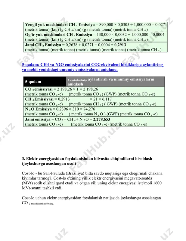 yili uning elektr energiyasi iste'moli 1600 mvt-soatni tashkil etdi. cost-lo uchun elektr energiyasidan foydalanish natijasida joylashuvga asoslangan co 2 emissiyasini hisoblang. quyidagi joylashuvga asoslangan, tarmoq bo'yicha o'rtacha emissiya koeffitsientini qabul qiling (co 2 da ifodalangan , chunki n 2 o va ch 4 emissiya stavkalari mavjud emas): 0,5727 t co 2 / mvt. javob: 1-qadam: yillik iste'mol va joylashuvga asoslangan emissiya koeffitsientidan foydalangan holda elektr energiyasidan foydalanishning umumiy emissiyasini hisoblang. 1-qadam elektr energiyasidan foydalanishdan bilvosita chiqindilarni hisoblash co 2 emissiyasi = 1,600 × 0,5727 = 916,32 ( mwh) (t co 2 / mwh) (metrik tonna co 2 ) 4. elektr energiyasidan foydalanishning bilvosita emissiyasini hisoblash (bozor usuli) cost-lo elektr energiyasi iste'molini qoplash uchun energiyaning 50 foizini gidroenergetikadan sotib olish bo'yicha shartnoma tuzdi. ta'minotning qolgan 50 foizi cost-lo-ni etkazib beruvchiga xos emissiya koeffitsienti bilan ta'minlaydigan ularning kommunal xizmatlaridan keladi. ushbu shartnomaviy vositalarning ikkalasi bozorga asoslangan usul uchun 2-scope sifat mezonlariga javob …