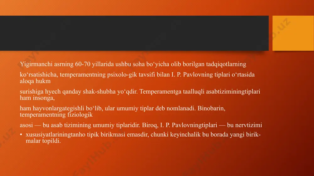 ma-qarshiliklarni faollik bilan yengishi-ga qarab fikr yuritiladi. reaktivlik bilan faollikning o‘zaro munosabati. odamning faoliyati ko‘p jihatdan nimaga bog‘likligiga binoan, chunonchi taso-difiy tarzdagi tashqi va ichki sharoitlarda (kayfiyatga, favqulod-dagi hodisalarga) yoki maqsadlarga, ezgu niyatlarga, xohish-intilish-larga ko‘ra fikr bildirish nazarda tutiladi. reaksiya tempi. turli xususiyatli psixik reaksiyalar va jara-yonlarning kechishi tezligiga, binobarin, harakattezligiga, nutqsur’atiga, farosatlilikka, aql tezligiga asoslanib xulosa chiqariladi. harakatlarning sillikligi va unga qarama-qarshi sifat ri-gidlik (qotib qolganlik). shaxsning o‘zgaruvchan tashqi taassurot-larga qanchalik yengillik va chaqqonlik bilan muvofiqlashishiga (sil-liqlik bilan moslashishga), shuningdek, uning xatti-harakatlari qanchalik sust va zaifligi (rigidligi — qotib qolganligi)ga nisba-tan baho berishdan iboratdir. ekstravertirovanlik va introvertirovanlik. shaxsning faoliyati va reaksiya ko‘p jihatdan nimalarga bog‘likligiga, chunonchi favquloddagi tashqi taassurotlarga (ekstravertirovanlik) yoki, ak-sincha, timsollarga, tasavvurlarga, o‘tish hamda kelajak bilan uyg‘un-lashgan mulohazalarga (introvertirovanlik) taallukligiga asoslan-gan holda munosabat ifodasidir. etiboringiz uchun raxmat. image2.png image3.png image4.jpeg image5.jpeg image6.jpeg image7.jpeg image8.jpeg image9.jpeg image1.png