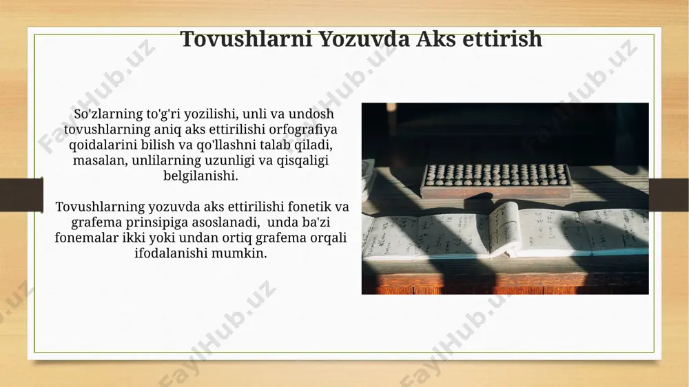 arning talaffuziga qarab 40 ga yaqin tovushlarga yetishi mumkin, bu esa harflarning bir nechta tovushlarni ifodalashiga olib keladi. tovushlar bilan harflarning munosabati oʻzbek alifbosida 30 ta harf mavjud boʻlsa-da, tilshunoslikda aniqlangan tovushlar soni ancha koʻp, taxminan 40 ga yaqin. tovushlar soni harflar sonidan koʻp boʻlishi mumkin, chunki baʼzi tovushlar bir nechta harf birikmalari bilan ifodalanishi mumkin (masalan, "sh", "ch" kabi diftonglar). so'zlarning tovush tarkibi morfologik tahlil jarayonida so'zlarning tovush tarkibini o'rganish, uning ildiz, qo'shimcha va boshqa tarkibiy qismlarga bo'linishini aniqlashga yordam beradi; bu esa so'z yasalishi qonunlarini tushunishga xizmat qiladi. so'zlarning tovush tarkibi fonema deb ataluvchi alohida tovushlardan tashkil topgan bo'lib, ularning soni turli tillarda farq qiladi; masalan, o'zbek tilida taxminan 36 ta fonema mavjud. tovushlar va harflar: kirish o'zbek alifbosida 30 ta harf mavjud bo'lib, ularning har biri fonetik jihatdan bir yoki bir necha tovushlarni ifodalaydi, masalan, "o" harfi ikki xil tovush sifatida talaffuz qilinishi mumkin. tovushlar soni harflar …