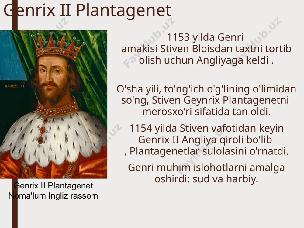 ki. u otasi genrix ii dan frantsiyada hech qanday mulk olmadi. fontervaux abbatligidagi (akvitaniya-poitou) arslon yurakli richard i qabri. orqa fonda yersiz yuhannoning rafiqasi angulemelik izabellaning qabri joylashgan . jon landless xaritaga qarang va filipp ii avgust (1180-1223) davrida angliyaning frantsiyadagi mulki qanday o'zgarganini ko'rsating. 1206 yilda jon mag'lubiyatga uchradi va frantsiyaning shimoli-g'arbiy qismidagi ? jon va innokent iii 1207 yilda ioann papa innokent iii bilan to'qnash keldi . qirol cherkov yerlarini musodara qila boshladi. innokent angliyaga taqiq qo'ydi va 1208 yilda yuhannoni cherkovdan chiqarib yubordi. 1213 yilda ioann papaga bo'ysunishga qaror qildi, o'zini vassali deb tan oldi va har yili 1000 marka to'lash majburiyatini oldi . 1214-yilda innokent iii ekskommunikasiya va taqiqni bekor qildi. papa innokent iii . o'rta asr freskasi. ? papa bilan to'qnashuv yuhannoning obro'siga qanday ta'sir qildi? buvina jangi va baronlarning qo'zg'oloni 1214 yilda ioann germaniya imperatori bilan ittifoq tuzgan holda filipp ii avgustga qarshi chiqdi …