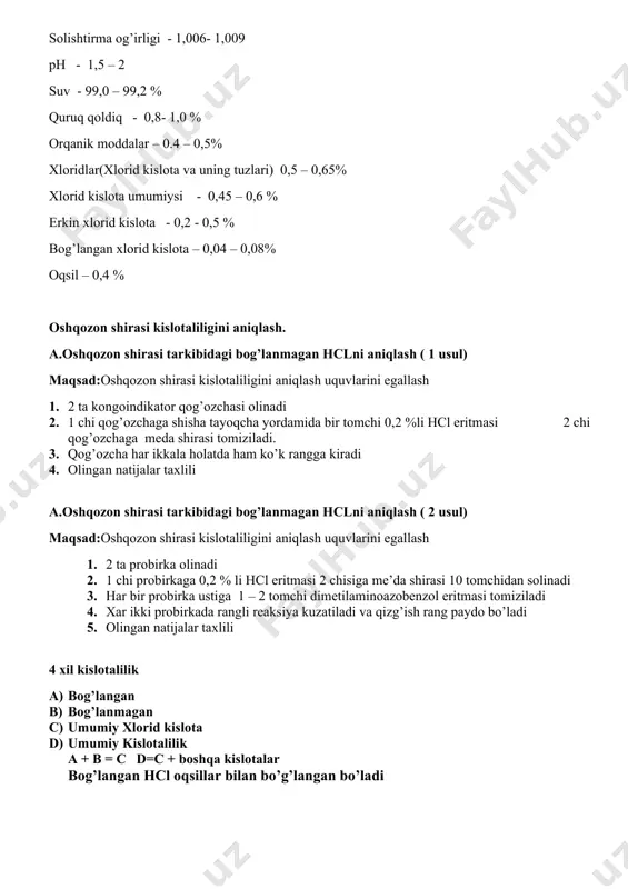 atiladi va 37 c li termostatga 20 daq joylashtiriladi 3. nazorat tajribasini tayyorlash uchun quruq probirkaga 2 ml ishchi reaktiv solinadi va termostatga joylashtiriladi 4. eritmaning optik zichligi nazorat tajribasi qarshisida qizil filtrda fekda ko’riladi 5. xolesterin miqdori egri chiziq orqali aniqlanadi 6. olingan natijalar taxlili va xulosa xolesterin qonda tashilib yuriladi 2 xil xolesterin bor egzogen va endogen egzogen xolesterin - ovqat bn tushayotgan xolesterin endogen xolesterin – jigar sintezlaydigan xolesterin egzogen xolesterinni xilomikronlar tashiydi endogen xolesterinni zjplp(zichligi juda past lipoproteinlar) va zplp(zichligi past lipoproteinlar) endogen xolesterinni zjplp jigardan olib chiqib qonga chiqib o’zidagi triatsilglitserollarni qonga berganda zplp ga aylanadi va ular to’qimalarni qonga bo’lgan talabini qondiradi. normada 150 mg/dl xolesterinni aniqlash ikki xil kasallikka tashxis qo’yishda kerak boladi: 1.ateroskleroz(lipoproteinlar bn aniqlaymiz) 2.o’t tosh kasalligi ko’payib ketishi: 1.xolesteringa boy bo’lgan ovqatlar yeyish 2.koloriyaga boy bo’lgan ovqatlar yeyish xolesterin sintezi kechadi: 1.jigarda 2.terida(d vitamin sintezlanadi )u xolesterindan 3.buyrak usti bezining …