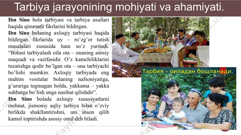 sning jismoniy rivoji, dunyoqarashi, maʼnaviy-axloqiy qiyofasi, estetik didi oʻstirilishiga yoʻnaltirilgan pedagogik faoliyatni anglatadi. buni oila va tarbiyaviy muassasalar hamda jamoat tashkilotlari amalga oshiradi. taʼlim va maʼlumot olish tor maʼnodagi tarbiya ichiga kirmaydi. lekin har qanday tarbiya taʼlim bilan chambarchas bogʻliq holdagina mavjud boʻladi. chunki taʼlim va maʼlumot olish jarayonida shaxsning faqat bilimi koʻpayibgina qolmay, balki axloqiy maʼnaviy sifatlari qaror topishi ham tezlashadi. ushbu holatda pedagoglarning tarbiyaviy faoliyati tarbiyaviy ish deb ataladi. 11 12 tarbiyaning umumiy vazifalari: 12 -jamiyat a’zolarining maqsadga yo‘naltirilgan rivojlanishi hamda ularning qator ehtiyojlarini qondirish uchun shart-sharoit yaratish; -jamiyat rivoji uchun zarur bo‘lgan ijtimoiy madaniyatga mos yetarlicha hajmdagi «inson kapitali»ni tayyorlash; -madaniyatlarni uzatib turish orqali ijtimoiy hayotning barqarorligini ta’minlash; -ma’lum jins yoshi va ijtimoiy-kasbiy guruhlarning qiziqishlarini hisobga olgan holda ijtimoiy munosabatlar doirasida jamiyat a’zolarning harakatini tartibga solish. 13 13 tarbiya tamoyillari - bu tarbiyaviy ishning yo'nalishiga, mazmuniga, metodlari va tashkil etilishiga, tarbiya jarayonining ishtirokchilari orasidagi munosabatlarga qo'yiladigan asosiy …