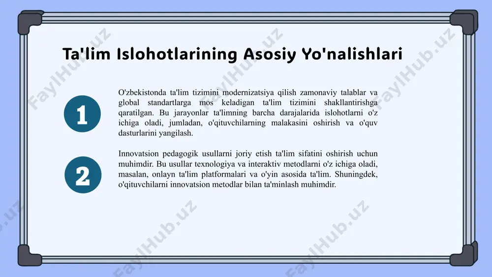 chilar o'z ish faoliyatlarini tahlil qilishlari, o'quvchilar va hamkasblardan fikr olishlari zarur. o'qituvchilarning o'zini rivojlantirish yo'llari o'qituvchilar o'z bilim va ko'nikmalarini oshirish uchun seminarlar, treninglar va masofaviy ta'limda ishtirok etishlari kerak. o'z-o'zini baholash va yangi metodlarni o'rganish doimiy rivojlanish uchun zarur. ta'lim dasturlarini yangilash o'qituvchilar uchun muhimdir. pedagogik ijodkorlikning mohiyati - pedagogik ijodkorlik ta'lim jarayonida muhim rol o'ynaydi. u o'qituvchilarning ijodiy yondashuvini va o'quvchilarning o'z-o'zini ifoda etish qobiliyatini rivojlantiradi. - ijodkorlik ta'lim jarayonida yangi metodlar va texnikalardan foydalanish orqali amalga oshiriladi. bu o'quvchilarning qiziqishini oshirishga yordam beradi. - misol sifatida, o'qituvchilar guruh loyihalari va ijodiy ishlar orqali o'quvchilarning ijodiy fikrlash qobiliyatini rivojlantirishlari mumkin. photo by kenny eliason on unsplash pedagogik madaniyatni rivojlantirish pedagogik madaniyat ta'lim jarayonida muhim ahamiyatga ega. u o'quvchilar va o'qituvchilar o'rtasidagi munosabatlarni mustahkamlashda, shuningdek, ijtimoiy va madaniy qadriyatlarni rivojlantirishda asosiy rol o'ynaydi. ta'lim tizimida pedagogik madaniyatni rivojlantirish uchun turli usullar mavjud. o'qituvchilarning professional rivojlanishi, zamonaviy metodlar, va …