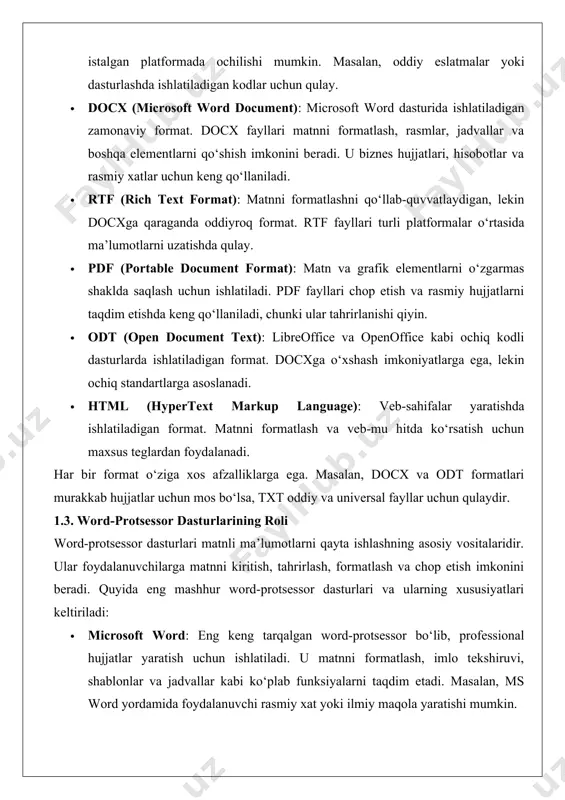 word: eng keng tarqalgan word-protsessor bo‘lib, professional hujjatlar yaratish uchun ishlatiladi. u matnni formatlash, imlo tekshiruvi, shablonlar va jadvallar kabi ko‘plab funksiyalarni taqdim etadi. masalan, ms word yordamida foydalanuvchi rasmiy xat yoki ilmiy maqola yaratishi mumkin. · google docs: bulutli platformada ishlaydigan bepul vosita bo‘lib, jamoaviy ish uchun juda qulay. google docs real vaqt rejimida bir nechta foydalanuvchilar tomonidan tahrirlanishi mumkin. masalan, loyiha jamoasi hujjatni birgalikda tahrirlashi mumkin. · libreoffice writer: ochiq kodli alternativa bo‘lib, docx va odt formatlarini qo‘llab-quvvatlaydi. bu dastur bepul bo‘lib, kichik bizneslar va talabalar orasida mashhur. · apple pages: apple ekotizimida ishlatiladigan dastur bo‘lib, dizayn va estetik jihatdan yuqori sifatli hujjatlar yaratishga imkon beradi. word-protsessor dasturlari matnni tahrirlashdan tashqari, avtomatlashtirilgan funksiyalarni, masalan, imlo tekshiruvi, avtomatik to‘ldirish va shablonlardan foydalanishni taklif qiladi. bu foydalanuvchilarning vaqtini tejaydi va hujjatlar sifatini oshiradi. matnni tahrirlash amaliyotlari matnni tahrirlash matnli ma’lumotlarni qayta ishlashning eng muhim bosqichlaridan biridir. bu jarayon matnni tushunarli, …