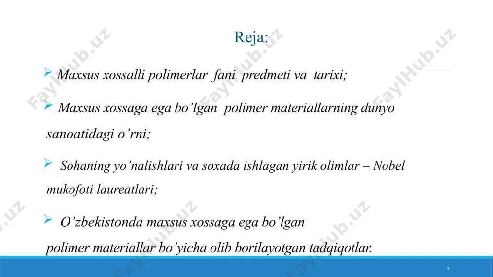 ega bo’lgan polimer materiallar bo’yicha olib borilayotgan tadqiqotlar. o’zfa pkfi institutning ilmiy tadqiqot yo'nalishlari: tabiiy va sintetik polimerlarni, nanokompozit materiallarni fundamental va amaliy tadqiqotlar; fiziologik jihatdan faol sintetik va tabiiy polimerlarni va ularning teriblarini tibbiyot, veterinariya va qishloq xo'jaligi uchun sintez qilish va o'rganish; polimerlarni kimyoviy modifikatsiyalashning kinetikasi va mexanizmlarini o'rganish; o'zbekiston respublikasi xalq xo'jaligining turli tarmoqlari ehtiyojlarini qondirish maqsadida nanokompozit polimerik materiallar sohasida chuqur tadqiqotlar olib borish. polimer asosida uchinchi avlodning muqobil energiya manbalarini yaratish; sintetik va tabiiy polimerlarni, shu jumladan nanopolimerlarni sintez qilish va qayta ishlash uchun yangi texnologiyalarni ishlab chiqish va mavjud texnologiyalarni takomillashtirish; 12 maxsus xossali polimerlarni olish, xossalarini tadqiq qilish bo’yich ilmiy izlanishlar o’zmu polimerlar kimyosi kafedrasi tashkilotchisi bo’lgan o’zbekiston fan arbobi, kimyo fanlari doktori, professor u.n.musaev boshchiligida 2000-yillar boslangan. usbu tadqiqotlar natijasida maxalliy xom ashyo asosida tolasimon va donador ionalmashuv materillarning yangi avlodi yaratilgan bolib, atrof muhitni muxofaza qilishda, sanoat suvlarini tayyorlashda, metal ionlari …