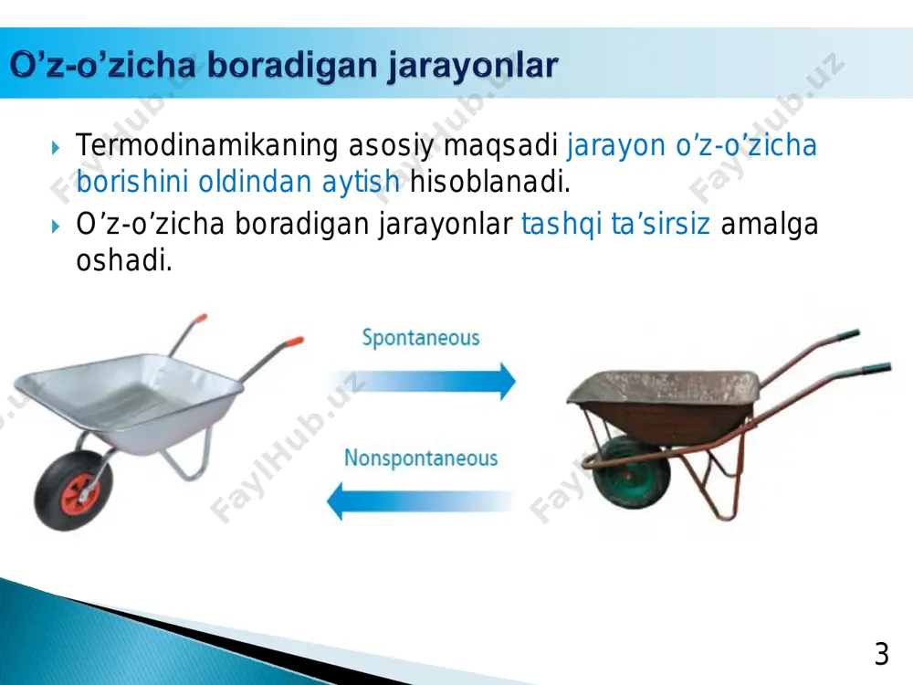  masala 6. jadvaldagi qiymatlardan foydalanib 298 k da quyidagi reaksiya muvozanat konstantasini hisoblang: 46  yechish: 47  muvozanat kosntantasining haroratga bog’liqligi quyidagi tenglama bilan ifodalanadi:  bu tenglamaga vant-goff tenglamasi ham deyiladi:  tenglama chiziqli hisoblanadi va u termodinamikada reaksiya standart entalpiyasi va entropiyasini hisoblash uchun sihlatiladi. 48  tenglamaning ikki nuqtali ko’rinishidan ikki xil haroratdagi muvozanat konstantalari qiymatidan reaksiya standart entalpiya o’zgarishini hisoblashda foydalaniladi. 49  slayd oxiri termodinamika 2 qonuni слайд номер 2 o’z-o’zicha boradigan jarayonlar o’z-o’zicha boradigan jarayonlar o’z-o’zicha boradigan jarayonlar o’z-o’zicha boradigan jarayonlar o’z-o’zicha boradigan jarayonlar entropiya va ikkinchi qonun entropiya va ikkinchi qonun entropiya va ikkinchi qonun entropiya va ikkinchi qonun fazaviy o’tishlarda entropiya o’zgarishi fazaviy o’tishlarda entropiya o’zgarishi fazaviy o’tishlarda entropiya o’zgarishi fazaviy o’tishlarda entropiya o’zgarishi issiqlik va entropiya o’zgarishlari issiqlik va entropiya o’zgarishlari issiqlik va entropiya o’zgarishlari issiqlik va entropiya o’zgarishlari issiqlik va entropiya o’zgarishlari issiqlik va entropiya o’zgarishlari issiqlik va …