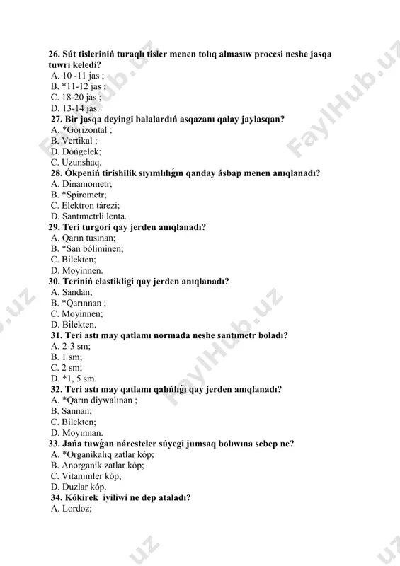 * 2 saattan keyin; d. 5 saatdan keyin. 51. nareste 1 shi qaysı kesellikke qarsı emlenedi? a. bsj; b. opv; c. * vgb; d. qpq. 52. viruslı gepatit b den keyin nareste qaysı kesellikke qarsı emlenedi? a. qızılsha ; b. ishek infekciyası ; c. pnevmoniya ; d. * tuberkulyoz g’a qarsı. 53. bsj vaksinası qay jerge jiberiledi? a. * teri arasına ; b. muskul arasına ; c. teri astına ; d. teri ishine. 54. narestelerdiń 1 shi patronajı qashan ámelge asıriladı? a. 10 kúnnen keyin; b. 5 kúnnen keyin; c. *3 kún ishinde; d. 15 kúnden keyin. 55.narestelerdi shomıldırıwda suwdın’ temperaturası neshe gradus bolıwı kerek? a. *37°c; b. 35°c; c. 39°c; d. 22°c. 56. naresteni shomıldırıwda bólme temperaturası neshe gradus bolıwı kerek? a. 20°c; b. *22°c; c. 25°c; d. 27°c. 57. asfiksiya ne? a. temperaturanıń ko’teriliwi; b. shaytanlaw ; c. qayt qılıw ; d. *tunshig’iw 58. shala tuwılǵan naresteniń neshe …