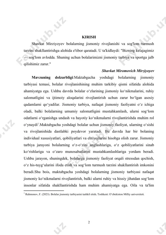 gacha yoshdagi bolalar uchun jismoniy faoliyat, ularning o‘sishi va rivojlanishida dastlabki poydevor yaratadi. bu davrda har bir bolaning individual xususiyatlari, qobiliyatlari va ehtiyojlarini hisobga olish zarur. jismoniy tarbiya jarayoni bolalarning o‘z-o‘zini anglashlariga, o‘z qobiliyatlarini sinab ko‘rishlariga va o‘zaro munosabatlarini mustahkamlashlariga yordam beradi. ushbu jarayon, shuningdek, bolalarga jismoniy faoliyat orqali stressdan qochish, o‘z his-tuyg‘ularini ifoda etish va sog‘lom turmush tarzini shakllantirish imkonini beradi.shu bois, maktabgacha yoshdagi bolalarning jismoniy tarbiyasi nafaqat jismoniy ko‘nikmalarni rivojlantirish, balki ularni ruhiy va hissiy jihatdan sog‘lom insonlar sifatida shakllantirishda ham muhim ahamiyatga ega. oila va ta'lim muassasalari bu jarayonda muhim rol o‘ynaydi, chunki ular bolalarga jismoniy faoliyatni o‘rganish va hayotlarida jismoniy tarbiyani saqlashga yordam berish uchun zarur shart-sharoitlarni yaratadi. maktabgacha yoshdagi bolalar uchun jismoniy tarbiyaning ahamiyatini tushunish va unga e'tibor qaratish, sog‘lom avlodni tarbiyalashda poydevor bo‘lib xizmat qiladi. kurs ishining maqsadi: maktabgacha yoshdagi bolalarning jismoniy tarbiyasining asosiy maqsadi ularning jismoniy rivojlanishini ta'minlashdir. bu davrda bolalar o‘z motor …