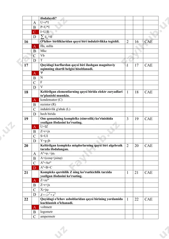oniy qiymat d burchak chastotasi 54 i=imsin(ῳt+φi) berilgan ifodada amlituda qiymat nima bilan belgilanadi? 1 54 cae a ŋ b im c sinῳt d φi 55 tеbrаnish kоnturi dеgаndа nimаni tushunаsiz? 1 55 cae a pаrаllеl yoki ketma-ket ulаngаn induktivlik vа sig‘imdаn ibоrаt zаnjir b sig‘imdаn ibоrаt zаnjir c qаrshilik vа sig‘imdаn ibоrаt zаnjir d induktivlikdаn ibоrаt zаnjir 56 kondensator elementida hosil bo'luvchi asosiy energiya formasini ko'rsating. 1 56 cae a elektr maydoni energiyasi b magnit maydoni energiyasi c issiqlik energiyasi d mexanik energiyasi 57 zanjir xisoblanganda to’kning ishorasi manfiy chiqsa: 3 57 cae a tok yo’nalishini teskariga o’zgartirish lozim. b sxemani o’zgartirish kerak. c hisoblashni tekshirib chiqish lozim. d hisoblash tugatilgan, deyish lozim. 58 tok rezonansi uchun qanday kontur islatish kerak? 2 58 cae a parallel tebranish konturi b ketma-ket tebranish konturi c mustaqil tebranish konturi d bog’langan tebranish konturi 59 keltirilgan elementlarning qaysi birida elektr zaryadi to’planadi? 3 …