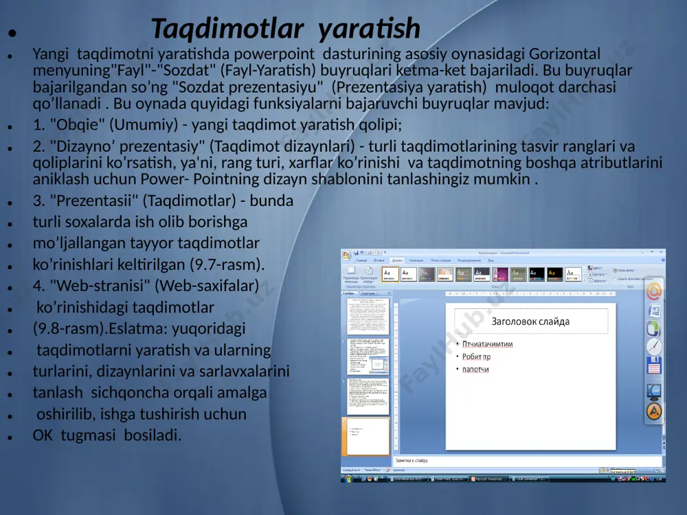 n tugmachalar chap tomondagi "risovanie" (chizish) xamda "risovanie +" (chizish +) panellariga joylashgan. slaydlarni ko’chirish, nusxa olish va qayta takrorlash yaratilayotgan taqdimotga sarf qilinadigan vaqtni: - tayyor slaydlarni takrorlash; - boshqa taqdimotga yaratilgan slaydlarni ko’chirish yoki nusxa olish orqali tejash mumkin. bir taqdimotda slaydlarni qayta takrorlash 1. +ayta takrorlanadigan slaydni belgilang. 2. "vstavka" (qo’yish) menyusidagi "dublirovat slayd" (slaydni takrorlash) buyruqini tanlang. boshqa taqdimotga slaydlarni ko’chirish 1. joriy xamda slayd ko’chirilayotgan taqdimotlarni oching va "slaydlarni saralash"rejimiga o’ting. 2. ikkala slaydni bir oynada yonma-yon aks ettirish uchun "okno" menyusida "uporyadochit vsyo" (barchasi tartiblansin) buyruqini tanlang. 3. tanlangan slaydni bir taqdimotdan ikkinchisiga olib o’ting. boshqa taqdimotga slaydlardan nusxa olish 1.boshqa taqdimotda nusxasi o’tkaziladigan slaydlardan oldin turuvchi slaydni belgilang. 2."vstavka" (qo’yish) menyusidagi "slaydi iz faylov" (fayllardan slaydlar) buyruqini tanlang. 3.nusxasi o’tkaziladigan slaydlar turgan taqdimotni toping va uni belgilang. 4.nusxasi o’tkaziladigan slaydlarni belgilang va "vstavit" (qo’yilsin) tugmachasini bosing. e’tiboringiz uchun rahmat! image1.jpg image2.jpeg image3.png image4.jpeg …