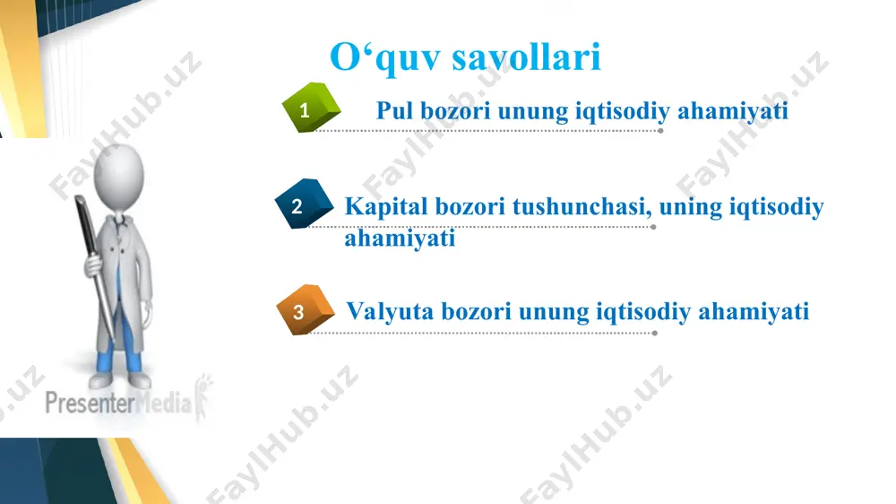 kchilari bir vaqtning o‘zida qarz beruvchilar va qarz oluvchilar bo‘lishi mumkin; kreditlar bo‘yicha foizlar ularning muddati oxirida to‘lanadi; pul bozori resurslari boshqa moliyaviy bozorlarga osonlikcha oqadi; past rentabellik va past xavf. pul bozori ob’ektlariga pul resurslari kiradi, yani bular pul va qarz qimmatli qog‘ozlari. pul bozori ishtirokchilari (sub’ektlari) – davlat, turli mulkchilik shaklidagi korxonalar, moliyaviy tashkilotlar, jismoniy shaxslar. pul bozorining vazifasi iqtisodiy faoliyat sub’ektlari va iqtisodiyot tarmoqlari o‘rtasida pul resurslarini qayta taqsimlashdan iborat. pul bozorining ishtirokchilarini maqsadlari kredit (kredit) olish, qisqa muddatga pul qo‘yish va buning uchun mukofot olish, vositachilik xizmatlari uchun komissiya olishdir. 2.kapital bozori tushunchasi, uning iqtisodiy ahamiyati. "kapital bozori" atamasi keng ma’noda turli tashkilotlar turli xil moliyaviy vositalar bilan savdo qiladigan joyni belgilaydi. ushbu joylar fond bozori, obligatsiyalar bozori va valyuta bozorini o‘z ichiga olishi mumkin. aksariyat bozorlar nyu-york, london, singapur va gonkong kabi yirik moliyaviy markazlarda to‘plangan. kapital bozorlari zamonaviy iqtisodiyotning muhim qismi bo‘lib ular pulni …