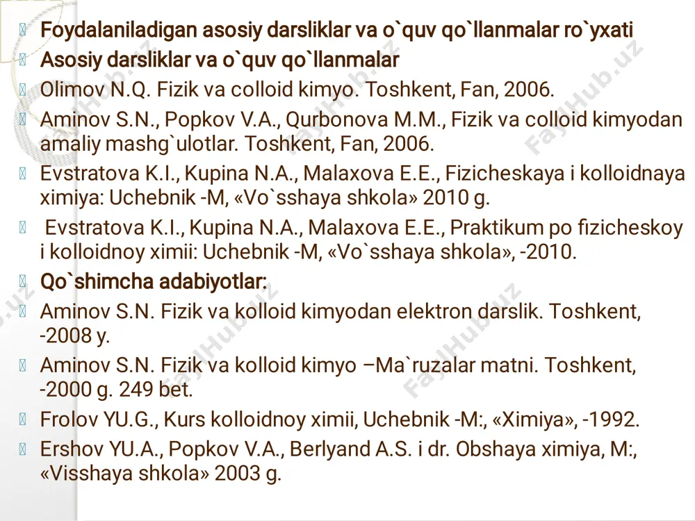 блаш учун 1876 йилда в.гиббс ушбу тенгламани таклиф этди dc d rt с   г – эриган моддани суюқлик сирт бирлигига йиғилган миқдори, адсорбция миқдори; моль/м2 с – эриган модданинг мувозанат концентрацияси, моль/ дм3 r – универсал газ доимийси, 8,32 ж/моль. к т – абсолют ҳарорат, к dc d – ребиндер бу нисбатни сирт активлик деб атади. а) б) в) 3-расм. сам молекуласининг тузилиши а) б) 4-расм. ёғ кислоталарининг гомологик қатори учун (а)сирт таранглик ва (б) адсорбция изотермалари )1(0 can   эритмаларнинг сирт таранглик билан концентрация орасидаги боғлиқлиги поляк олими б.а.шишковский тенгламаси орқали ифодаланади:  0 - тоза эритувчининг сирт таранглиги - эритманинг сирт таранглиги а ва в – эмперик константалар (а нисбий адсорбцияланиш қиймати; гомологик қаторда кейингисига ўтганда 3-3,5 марта ортади).    1 s    m h тўйинган адсорбция г∞ бир юза бирлигига (1м2) тўғри келадиган сам миқдорига тенг. тўйинган адсорбциянинг авагадро сонига …