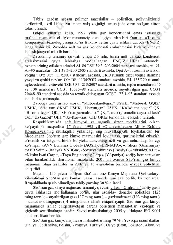 i qayta ishlash zavodi chet el ilg‘or texnologiyalari (yaponiya) asosida qayta rekonstruksiya qilindi. hozirda zavodda neft maxsulotlarini 50 dan ortiq xili ishlab chiqariladi. respiblikamizda neftni qayta ishlash bilan birgalikda tabiiy gazni qayta ishlash sohasiga ham katta e’tibor berildi. 1971 yil dekabrda muborak gazni qayta ishlash zavodi birinchi navbati ishga tushirildi. zavod asosan xalq xo‘jaligi uchun eng arzon yoqilg‘i, tabiiy gaz etishtirib beradi. zavodning dastlabki quvvati yiliga 5 mlrd. m3 gazni qayta ishlashdan boshlangan. 1978–80 yillarda zavodning ikkinchi va uchinchi navbatlari ishga tushirilib, umumiy quvvat yiliga 10 mlrd. m3 ni tashkil etdi. 1984 yil to‘rtinchi navbati ishga tushirildi va umumiy quvvat yiliga 25 mlrd. m3 ni tashkil etdi. hozirgi vaqtda umumiy quvvat yiliga 30 mlrd. m3 ni tashkil etadi. muborak gazni qayta ishlash zavodi xom ashyo manbalari asosan yuqori oltingugurtli (4,5–5,0 %) o‘rtabuloq, dengizko‘l-xauzak, somontepa konlari va kam oltingugurtli (0,08–0,3 %) kultak, zevarda, pomuq, alan gaz konlaridir. zavodning asosiy mahsulotlari tabiiy …
