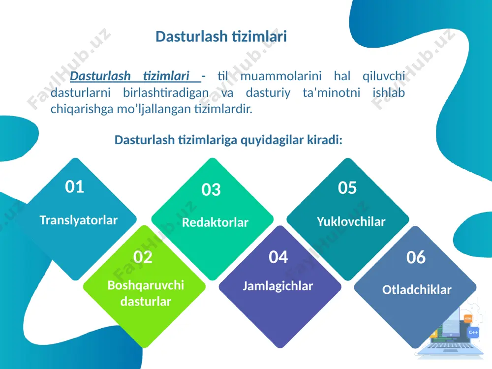 programma (dastur) tuzish usullari, ularni tekshirish va takomillashtirishdan iborat. yechilishi lozim boʼlgan masala algoritmi "mashina tili"ga oʼtkaziladi. dasturlash tillari dasturlash tillari – bu maʼlum bir vazifani bajarish uchun komp’yuter tiliga oʼgiruvchi dasturlash tillaridur. ular quyidagi kategoriyalarga ajratiladi: yuqori darajadagi tillar ob’yektga yo’naltirilgan tillar quyi darajadagi tillar script tillar web dasturlash uchun tillar yuqori darajadagi tillar yuqori darajadagi tillar deb asosan ochiq kodli dasturlash tillariga aytiladi. ularga quydagilarni misol qilishimiz mumkin: gentee, basic, gbasic, fortran va boshqalar. gentee — bu ochiq koʼdli dasturlsh tili. bu til sintaksisi c\c++ nikiga oʼxshab ketadi, bu koʼpchilikka dasturlarni tez yozishga yordam beradi. genteeni boshqa tillarda ishlatish uchun (masalan delphi, c\c++) u tillarga gentee dll faylini ulash kerak. ulagandan soʼng uni funnksiyalarini chaqirib *. g, *. ge, *. gw va *. gwe fayllarini ochishingiz mumkin. fortran [ing . for (mula) tran (slation) — “formulalarni o’girish” degan maʼnoni anglatadi] — ehm (komp’yuter) yordamida ilmiy-texnikaviy masalalarni yechish algoritmini …