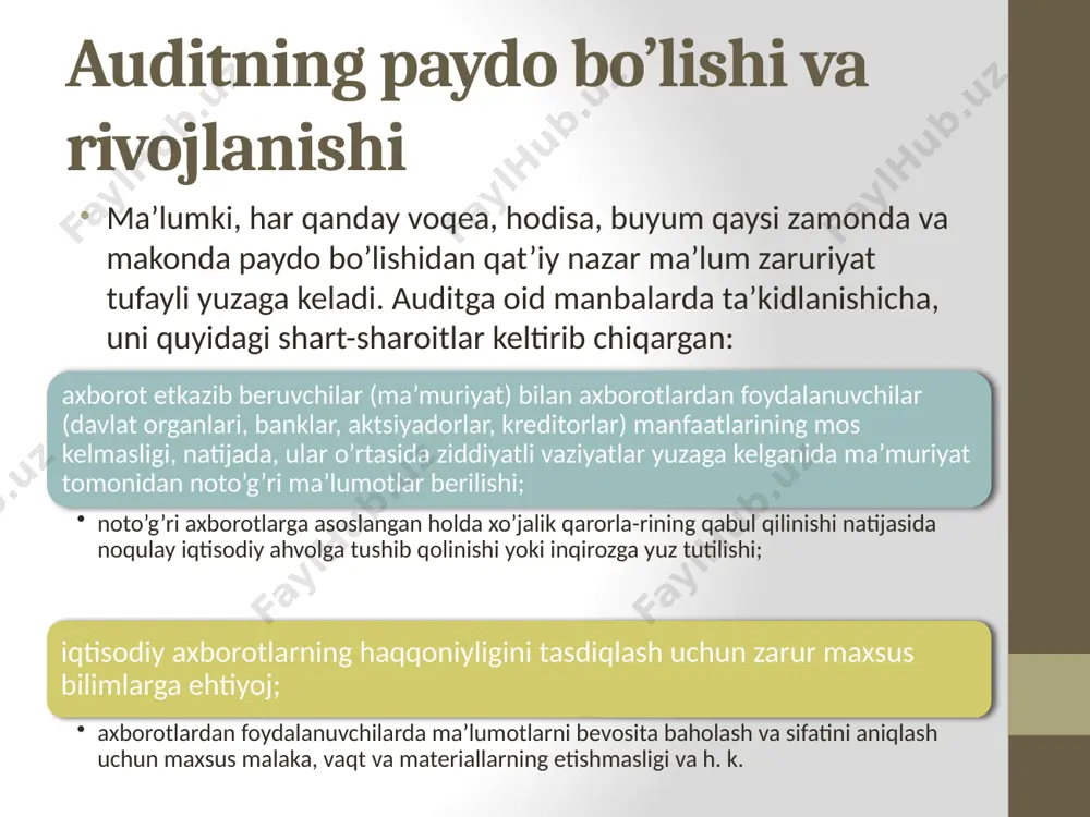 malakasi etishmasligi oqibatida dastlabki hujjatlarga ishlov berish, guruhlash va buxgalteriya hisobi schyotlarida to’g’ri (yoki butunlay) aks ettirmasdan (asosan pul va hisob-kitob muomalalari), ularni devonxona papkalarida saqlab qo’yish bilan cheklaniladi. na-tijada, hisobotlarni tuzishda ko’plab chalkashliklar, noaniq-liklar, joriy hisob ma’lumotlari va hisobot ko’rsatkichla-ridagi nomuvofiqliklar yuzaga keladi. agar buxgalterlik hisobini tashkil etish va yuritishga talab darajasida e’tibor qilinganida, bunday chalkashliklar paydo bo’lmas edi. auditorlik tekshiruvlari ishlab chiqarishni rejalashtirish va tashkil etish, korxonadagi tartib, mehnat va texnologik intizomni, tovar-moddiy zahiralarning omborlar va boshqa saqlash joylaridagi hisobi, mulklarning saqlanishi, hisob-kitoblar holati va korxona moliya-xo’jalik faoliyati hamda uning natijalariga sezilarli ta’sir ko’rsatadigan boshqa ko’plab holatlarni qamrab oladi. shuning uchun auditorlik hisobotida korxona moliya-xo’jalik faoliyati va uning natijalariga bevosita ta’sir-ko’rsatadigan, hamda hisob ma’lumotlari va hisobot ko’rsatkichlari ishonchliligini pasaytirishiga olib keladigan, mehnatni va ishlab chiqarishni tashkil etishdagi katta kamchiliklarni bartaraf etishga qaratilgan tavsiyalar berilishi lozim. shuningdek, o’zbekistondagi auditorlik faoliyati oldida turgan muhim vazifalardan biri – xorijlik hamkorlar tan …