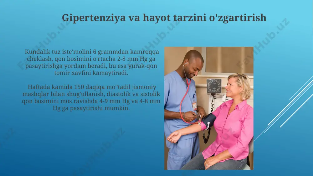 ziyaning bir turi – birlamchi gipertenziya, uning sababi aniqlanmagan boʻlib, umumiy hollarning 90-95% ni tashkil qiladi va koʻpincha genetik moyillik va turmush tarziga bogʻliq. beta-blokatorlar beta-blokatorlar yurak urish tezligini daqiqada 60-100 urish oraligʻida ushlab turishga yordam beradi, shu bilan qon bosimini pasaytiradi va yurak mushaklariga yuklamani kamaytiradi. ba'zi beta-blokatorlar, masalan, metoprolol yoki atenolol, qon tomirlarini toraytiruvchi moddalar ta'siriga qarshi kurashishga yordam beradi, bu esa qon bosimini nazorat qilishga yordam beradi. gipertenziv krizga shoshilinch yordam shoshilinch yordam nitroglitserin yoki boshqa vazodilatatorlarni vena ichiga yuborishni, shuningdek, bosimni pasaytiradigan dorilarni ogʻiz orqali qabul qilishni oʻz ichiga oladi. gipertenziv krizga chalingan bemorlarda yurak urish tezligini va elektrokardiogramma ko'rsatkichlarini doimiy monitoring qilish muhim ahamiyatga ega. angiotensin ii retseptor blokerlari angiotensin ii retseptor blokerlari yurak yetishmovchiligi bo'lgan bemorlarda o'lim xavfini 15-20% ga kamaytirishi mumkin, bu ularning kardioprotektiv ta'sirini ko'rsatadi. ba'zi arblar, masalan, valsartan, buyrak funksiyasining yomonlashishi bilan bog'liq bo'lgan gipertenziya turidagi bemorlarda buyrakni himoya qilishga yordam …