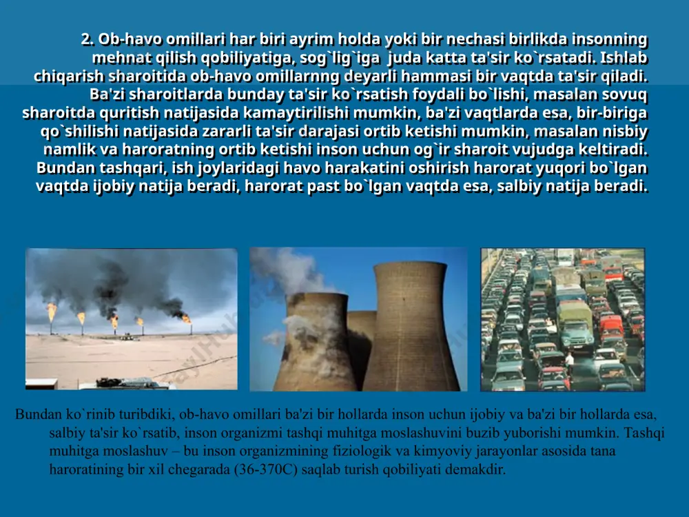 liy kislotasi bilan boyitilgan un anemiya, insult, infarkt kasalliklarining oldini olar ekan. jahon sog'liqni saqlash tashkilotining aniqlashicha, dunyoning 40% aholisi anemiyadan aziyat chekar ekan. * korxonalardan oqib chiqayotgan zaharli oqavalar suv havzalarini ifloslantirishi birinchi navbatda inson salomatligiga ta’sir ko’rsatmoqda. transport vositalaridan chiqayotgan tutun-gaz havoning tozaligini buzyapti. bularning barchasi insondan ekologik madaniyatni talab etmoqda. * chiqindilarni to`plash va olib chiqishning yaxshi yo`lga qo`yilmagan mexanizmi ekologik xavfni oshirib, aholi salomatligiga ta`sir qilishi mumkin. mamlakatimizning aholisi eng ko`p hisoblangan toshkent shahrida har yili 1 million tonnaga yaqin qattiq maishiy chiqindilar to`planadi. 1999 yildan buyon vazirlar mahkamasining qaroriga binoan "toshkent shahrida sanitariya tozalash tizimini takomillashtirish" loyihasi amalga oshirilayotir. bu ishga xorijiy sarmoyalar ham jalb qilingan. turarjoy dahalarida 1140 ta chiqindilarni to`plash punktlari tashkil etilib, 13 mingdan ziyod metall konteynerlar o`rnatilgan. 340 ta yangi zamonaviy chiqindi to`plash mashinasi xarid qilindi va ularga texnik xizmat ko`rsatish tashkil etildi. * shu bois yurtimizda chiqindilarni boshqarish, ulardan foydalanish …