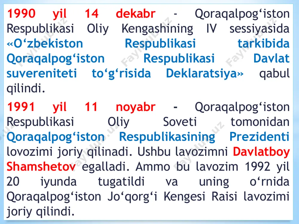 ance international xalqaro nashri mazkur loyihani neft-kimyo sektoridagi yilning eng muvaffaqiyatli loyihasi deb e’tirof etdi) sanoati 1991-1992 yillarda uzunligi 243-kilometrlik tuyamo’yun-nukus-chimboy-taxtako’pir vodoprovod tizimi ishga tushirildi. 2016-2020 yillarda aholini markazlashgan ichimlik suvi bilan ta’minlash darajasi 40 foizdan 67 foizga yetkazildi. 1994-2002 yil avgust - 633 km. uzunlikdagi navoiy-uchquduq-sulton uvaystog‘-nukus temir yo’li qurilib, foydalanishga topshirildi. 2000 yilda nukus shahrini xo’jayli tumani bilan bog’lovchi ko’prik ishga tushirildi. 2003 yilda nukus aeroporti (1940) rekonstruksiya qilindi 2019 yilda qoraqalpog’iston respublikasida yalpi ichki maxsulotning o’sishi 6,8 % (18 735,7 mlrd. so’m) ni tashkil etdi. shundan: qishloq, o’rmon, baliqchilik xo’jaligi — 106,7 % (yaim — 27,3 %) sanoat — 105,0 % (31,0 %) qurilish — 123,8 % (8,4 %) xizmatlar soxasi — 104,9 % (33,3 %) aholi jon boshiga maxsulot ishlab chiqarish 9 944,1 ming so’mga ortdi (5,2 %) qishloq xo’jaligi qishloq xо‘jaligining yalpi mahsuloti hajmida: paxta 22.4%, g‘alla ekinlari 22,1%, chorva mahsulotlari 36,4% ni tashkil etadi. …