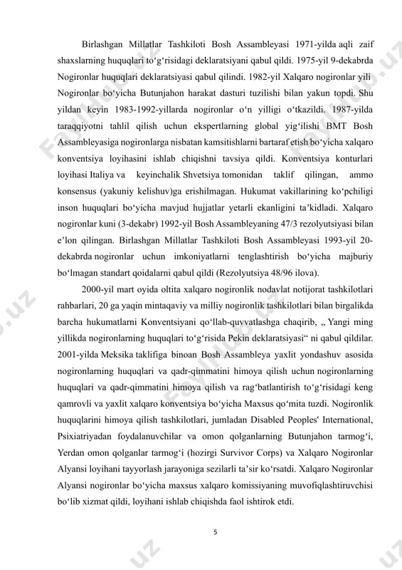 ikka erishishda hal qiluvchi rol oʻynadi. 2002-2003-yillarda muofiqlashtiruvchi sifatida faoliyat yuritgan yangi zelandiya oxir-oqibat muvaqqat qoʻmita raisining rasmiy rolini oʻz zimmasiga oldi va 2006-yil avgust oyida iordaniya, kosta-rika, chexiya va janubiy qoʻmitaning boshqa aʼzolari(afrika, shuningdek, koreya va meksika) bilan yaqin hamkorlikda konsensus kelishuviga erishish uchun muzokaralar olib bordi. natijada konventsiya barcha mintaqaviy guruhlar tomonidan kuchli qoʻllab-quvvatlangan inson huquqlarini himoya qilish boʻyicha tarixdagi eng tez qoʻllab-quvvatlangan hujjatlardan biriga aylandi. 2007-yilda ochilganidan keyin 160 ta davlat konventsiyani imzoladi va 126 ta davlat birinchi besh yil ichida konventsiyani ratifikatsiya qildi. konventsiyani yaratishdagi rolini eʼtirof etish uchun bu faoliyatda faol ishtirok etgan yangi zelandiya general-gubernatori anand satyanand millat nomidan 2008-yilgi jahon nogironlik mukofotini oldi. qoʻshma shtatlar konventsiyani ratifikatsiya qilgan yoki unga qoʻshilgan ishtirokchi davlatlar tarkibida yoʻq edi. faqat barak obama davrida aqsh 2009-yil 24-iyulda konventsiyani imzoladi. 2012-yil 31-iyulda aqsh senatining tashqi aloqalar qoʻmitasi „uchta izoh, sakkizta oʻzaro tushuntirish va ikkita bayonotlarni hisobga olgan holda“ …